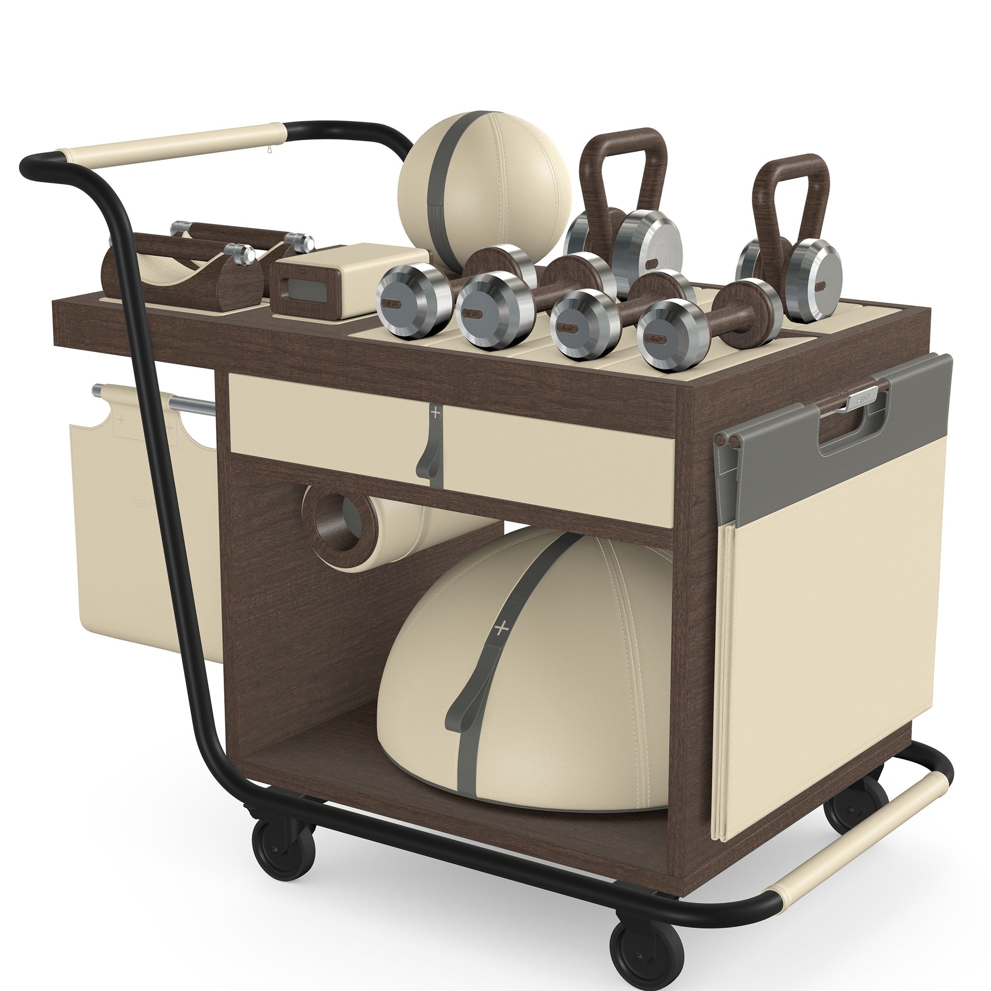 PENT. SOPHIA: dumbbells, kettlebells, balance trainer, medicine ball, skipping rope, exercise mat, push up bars, yoga block and stretching roller. Made with stainless steel, premium Italian beige base leather, grey accent leather and dark walnut wood.