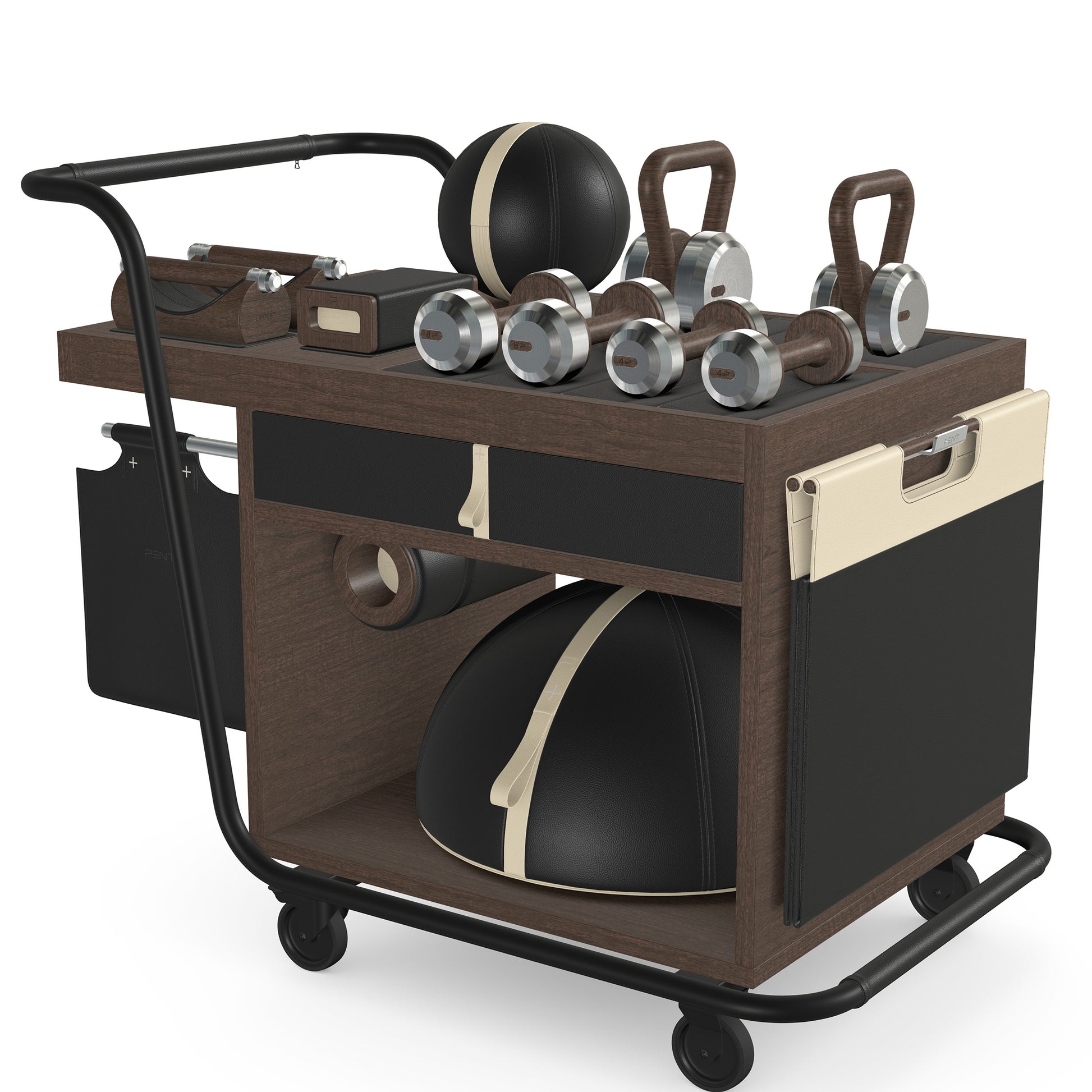 PENT. SOPHIA: dumbbells, kettlebells, balance trainer, medicine ball, skipping rope, exercise mat, push up bars, yoga block and stretching roller. Made with stainless steel, premium Italian black base leather, beige accent leather and dark walnut wood.