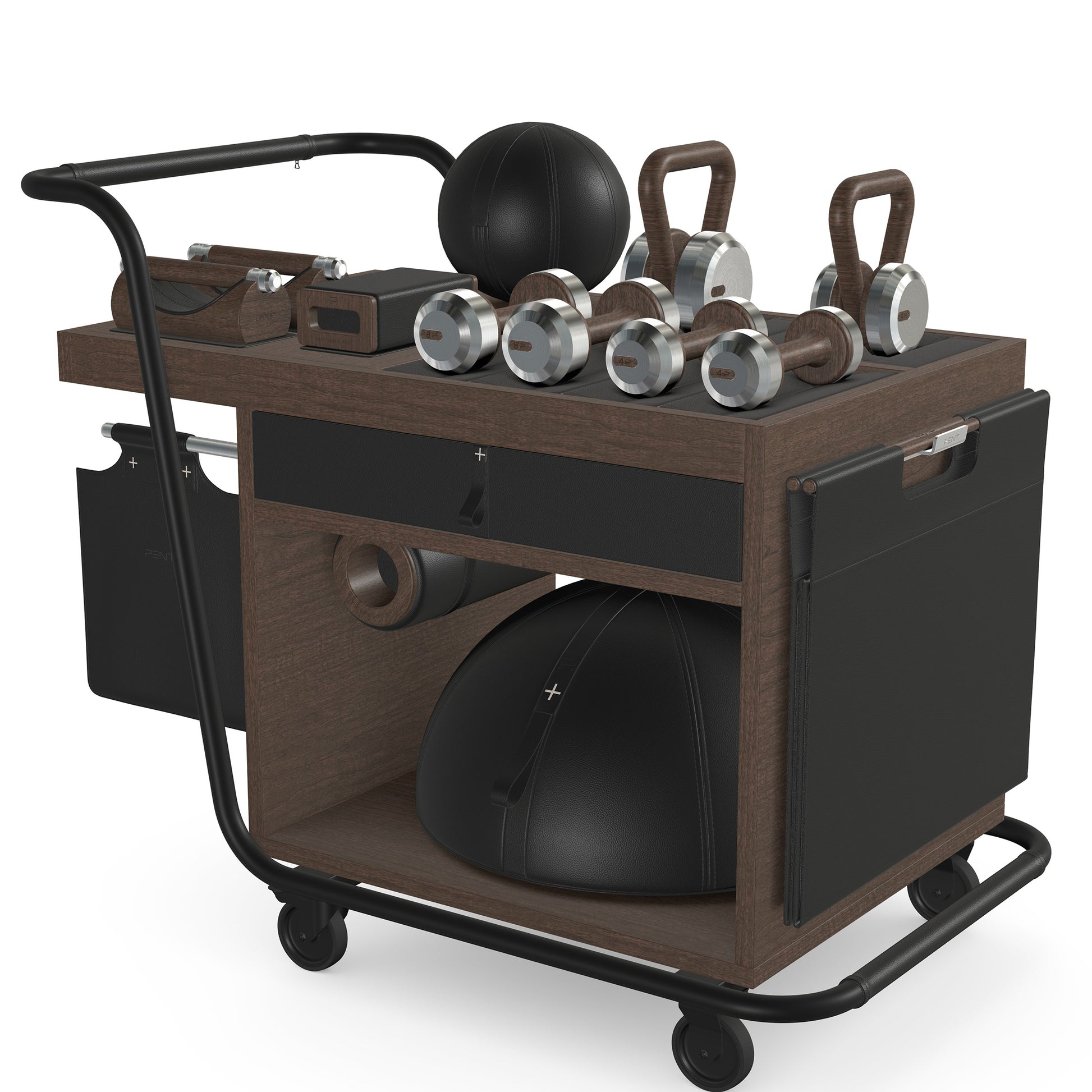 PENT. SOPHIA: dumbbells, kettlebells, balance trainer, medicine ball, skipping rope, exercise mat, push up bars, yoga block and stretching roller. Made with stainless steel, premium Italian black base leather, black accent leather and dark walnut wood.
