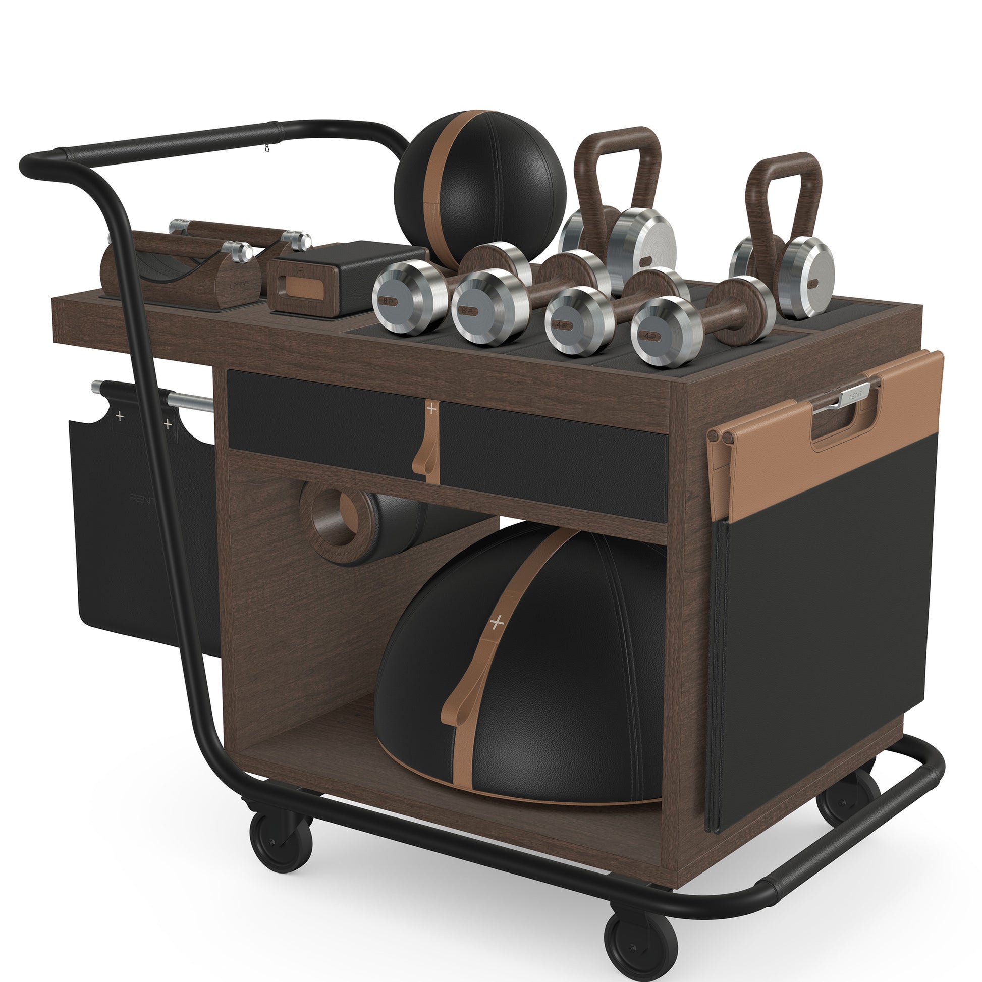 PENT. SOPHIA: dumbbells, kettlebells, balance trainer, medicine ball, skipping rope, exercise mat, push up bars, yoga block and stretching roller. Made with stainless steel, premium Italian black base leather, brown accent leather and dark walnut wood.
