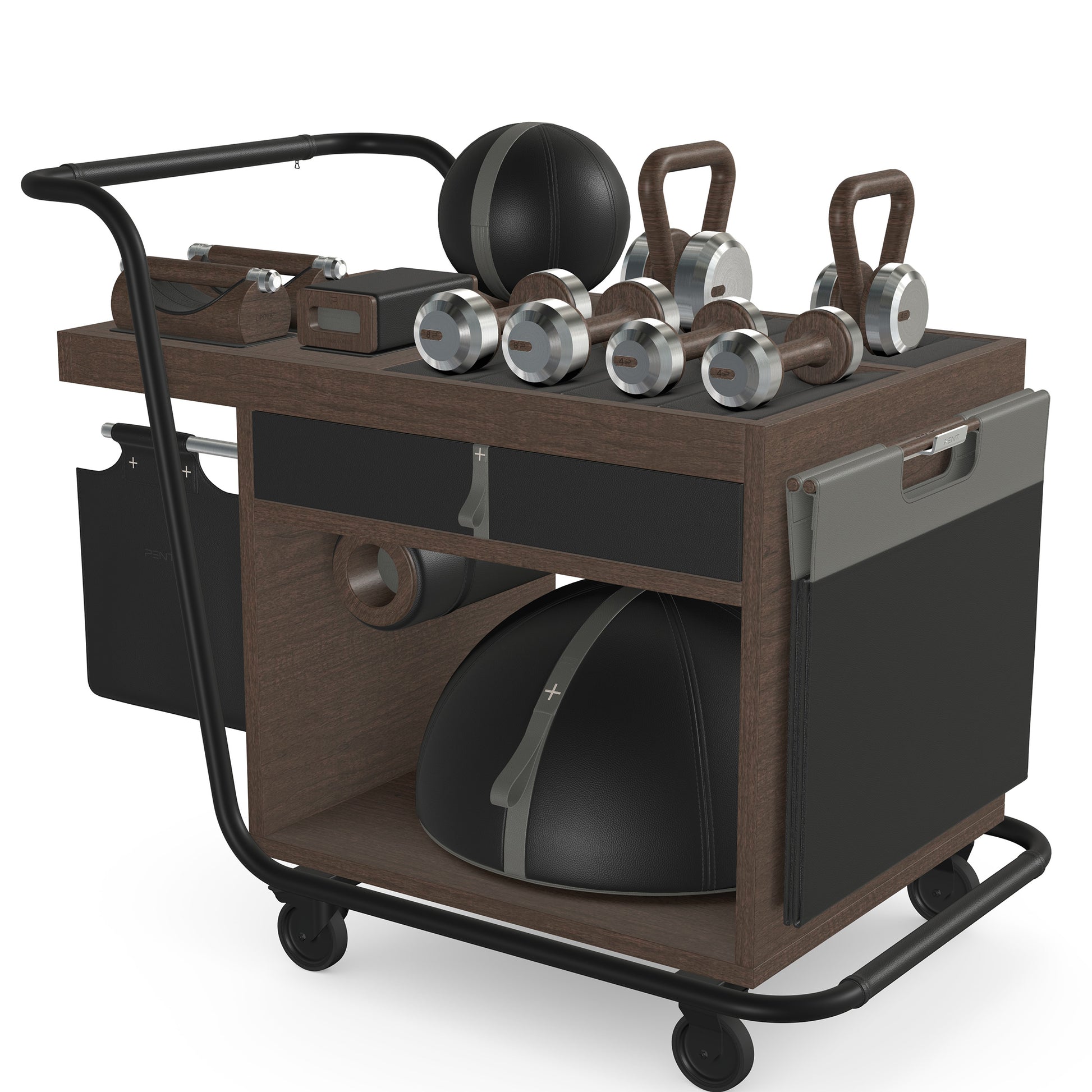 PENT. SOPHIA: dumbbells, kettlebells, balance trainer, medicine ball, skipping rope, exercise mat, push up bars, yoga block and stretching roller. Made with stainless steel, premium Italian black base leather, grey accent leather and dark walnut wood.