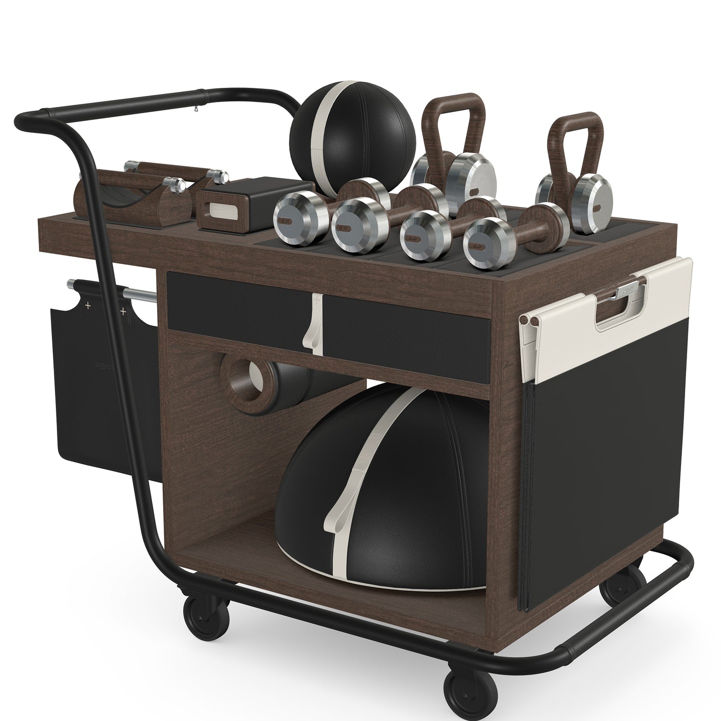 PENT. SOPHIA: dumbbells, kettlebells, balance trainer, medicine ball, skipping rope, exercise mat, push up bars, yoga block and stretching roller. Made with stainless steel, premium Italian black base leather, white accent leather and dark walnut wood.