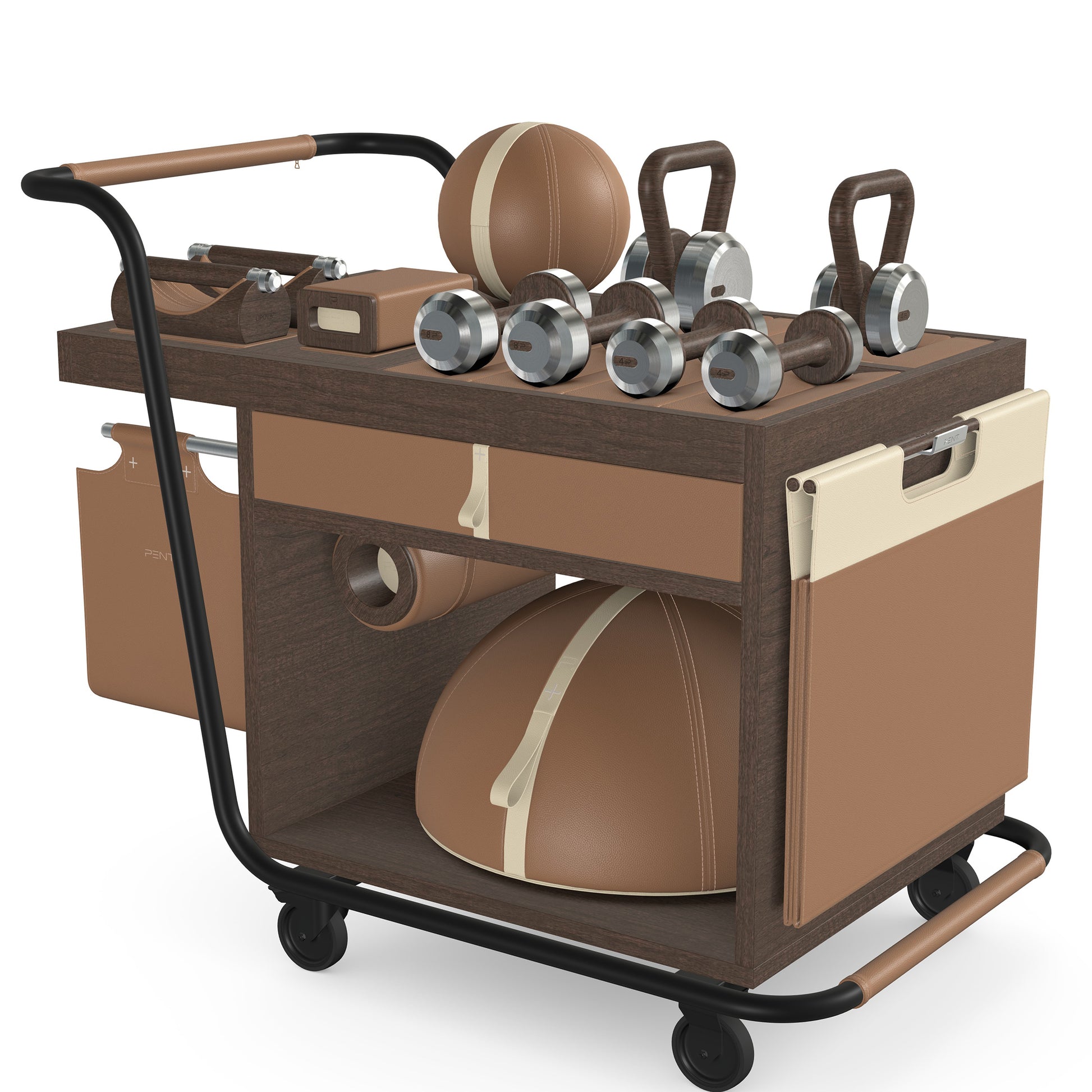 PENT. SOPHIA: dumbbells, kettlebells, balance trainer, medicine ball, skipping rope, exercise mat, push up bars, yoga block and stretching roller. Made with stainless steel, premium Italian brown base leather, beige accent leather and dark walnut wood.