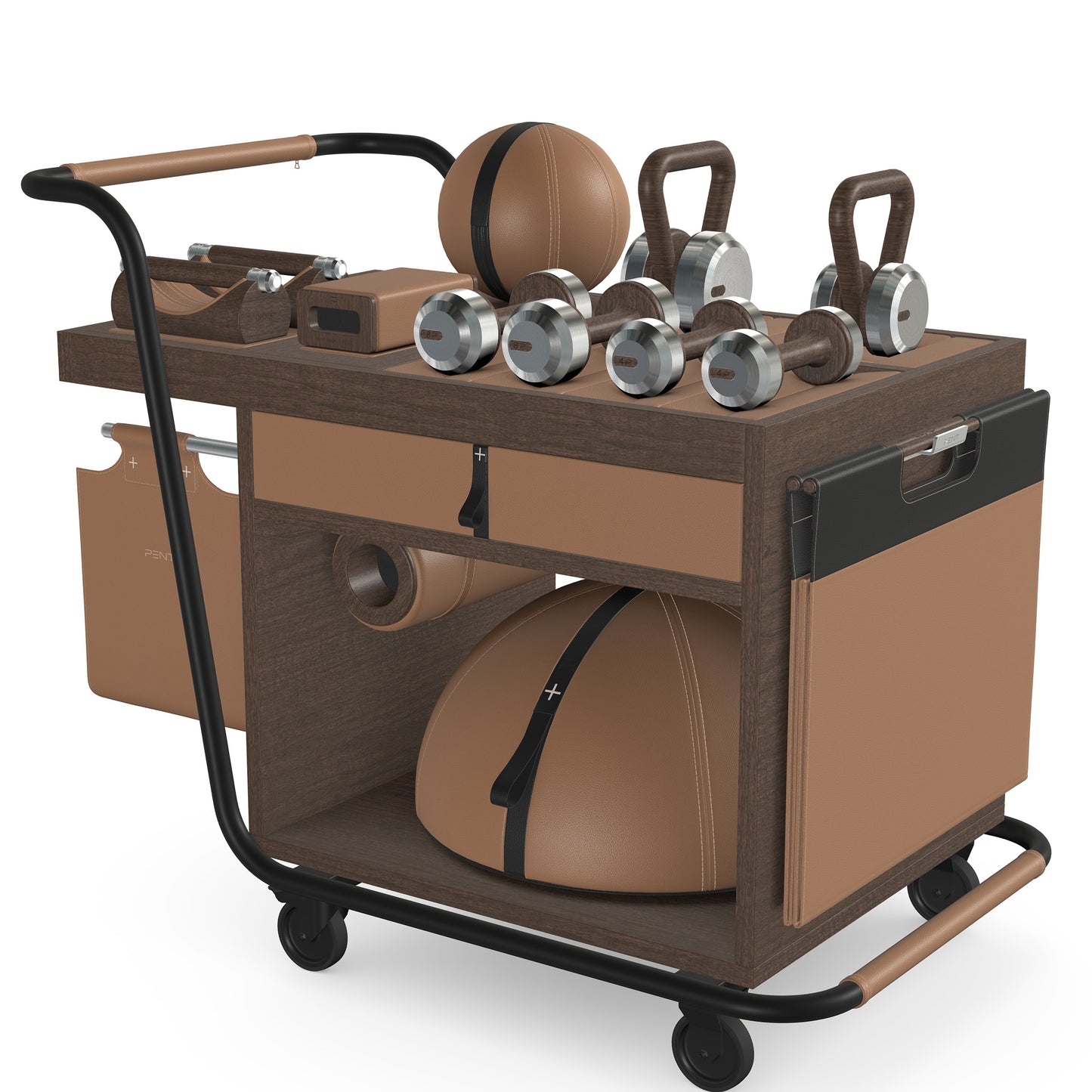 PENT. SOPHIA: dumbbells, kettlebells, balance trainer, medicine ball, skipping rope, exercise mat, push up bars, yoga block and stretching roller. Made with stainless steel, premium Italian brown base leather, black accent leather and dark walnut wood.