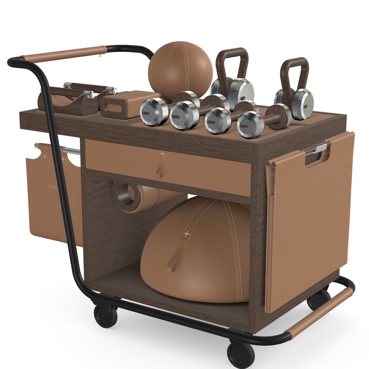 PENT. SOPHIA: dumbbells, kettlebells, balance trainer, medicine ball, skipping rope, exercise mat, push up bars, yoga block and stretching roller. Made with stainless steel, premium Italian brown base leather, brown accent leather and dark walnut wood.