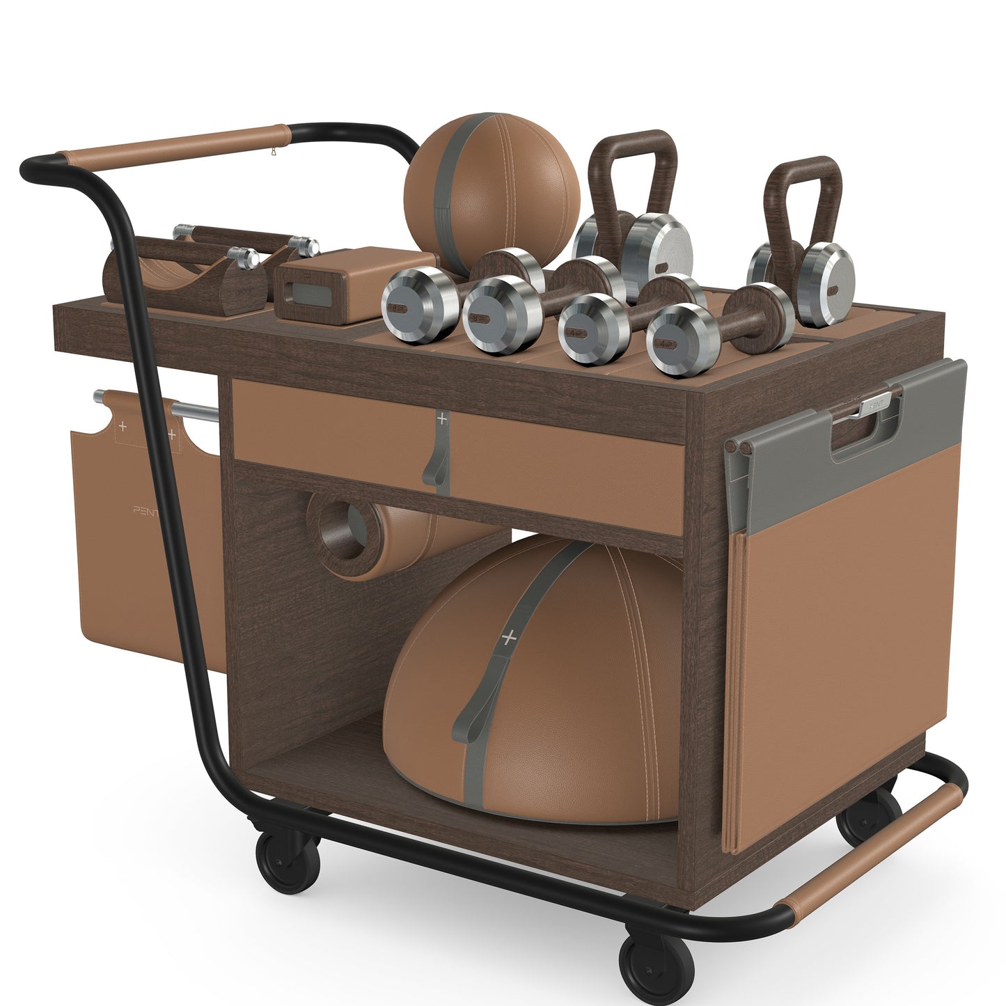 PENT. SOPHIA: dumbbells, kettlebells, balance trainer, medicine ball, skipping rope, exercise mat, push up bars, yoga block and stretching roller. Made with stainless steel, premium Italian brown base leather, grey accent leather and dark walnut wood.