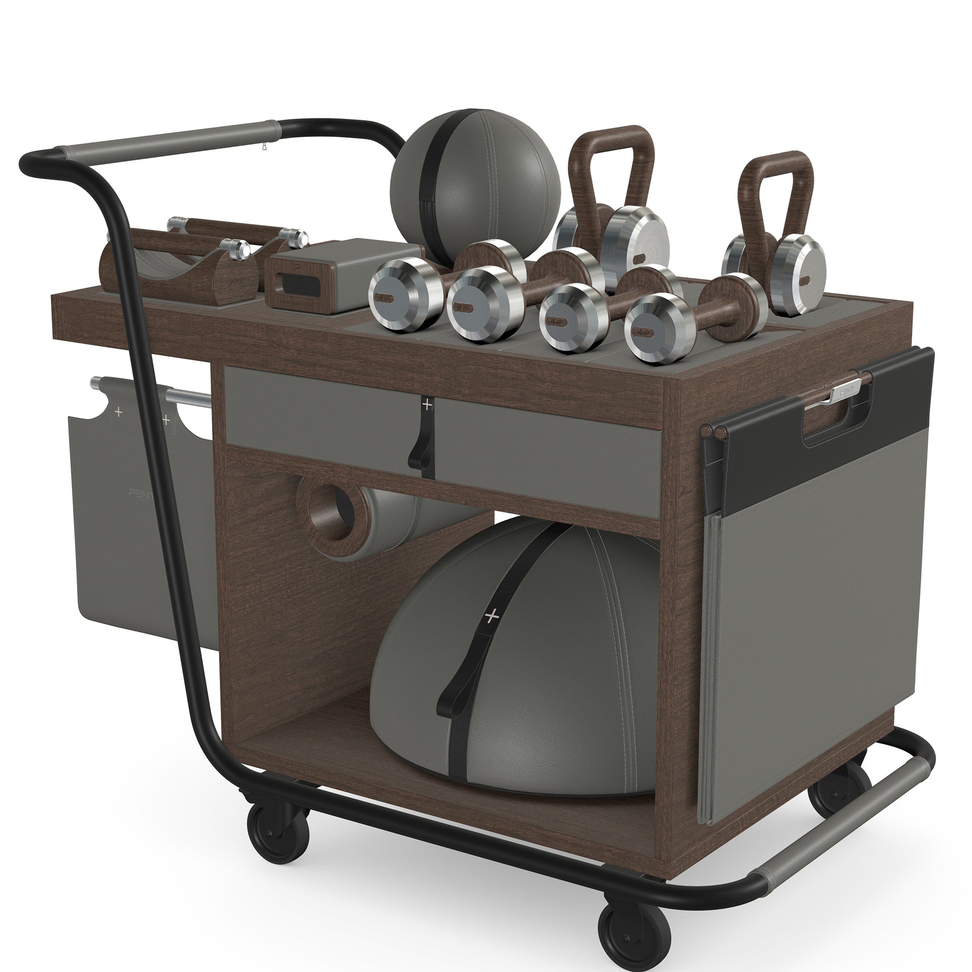 PENT. SOPHIA: dumbbells, kettlebells, balance trainer, medicine ball, skipping rope, exercise mat, push up bars, yoga block and stretching roller. Made with stainless steel, premium Italian grey base leather, black accent leather and dark walnut wood.