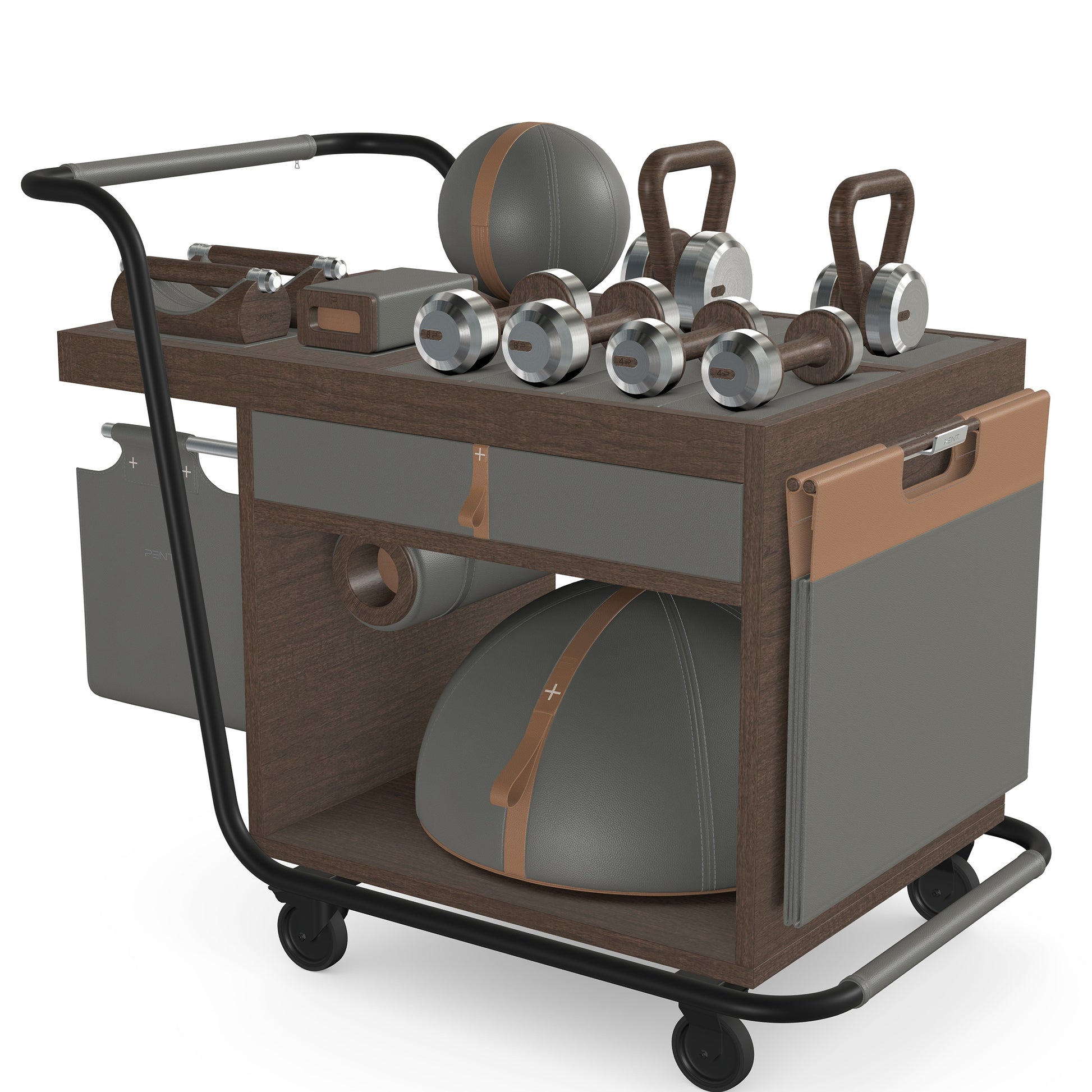 PENT. SOPHIA: dumbbells, kettlebells, balance trainer, medicine ball, skipping rope, exercise mat, push up bars, yoga block and stretching roller. Made with stainless steel, premium Italian grey base leather, brown accent leather and dark walnut wood.