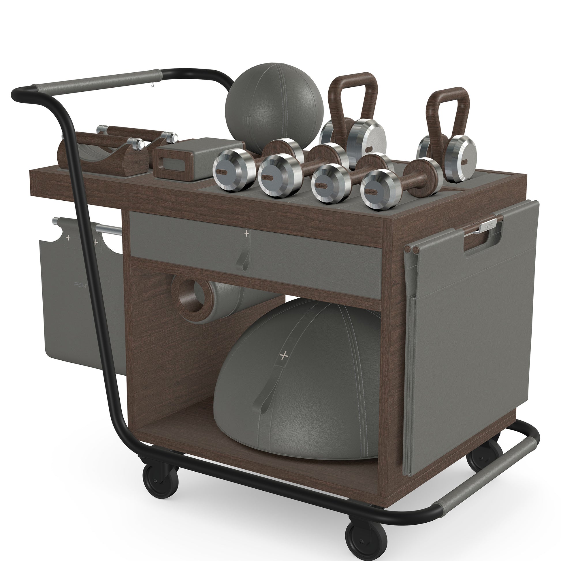 PENT. SOPHIA: dumbbells, kettlebells, balance trainer, medicine ball, skipping rope, exercise mat, push up bars, yoga block and stretching roller. Made with stainless steel, premium Italian grey base leather, grey accent leather and dark walnut wood.