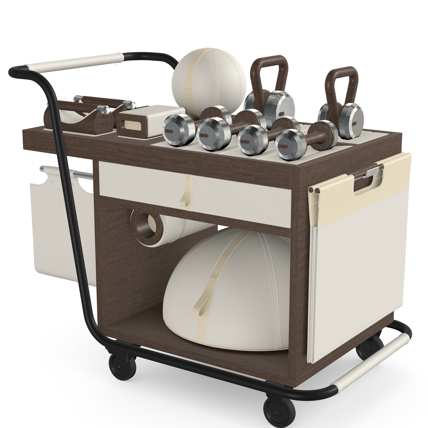PENT. SOPHIA: dumbbells, kettlebells, balance trainer, medicine ball, skipping rope, exercise mat, push up bars, yoga block and stretching roller. Made with stainless steel, premium Italian white base leather, beige accent leather and dark walnut wood.