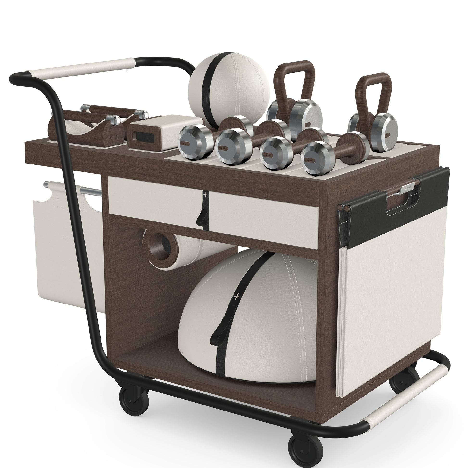 PENT. SOPHIA: dumbbells, kettlebells, balance trainer, medicine ball, skipping rope, exercise mat, push up bars, yoga block and stretching roller. Made with stainless steel, premium Italian white base leather, black accent leather and dark walnut wood.