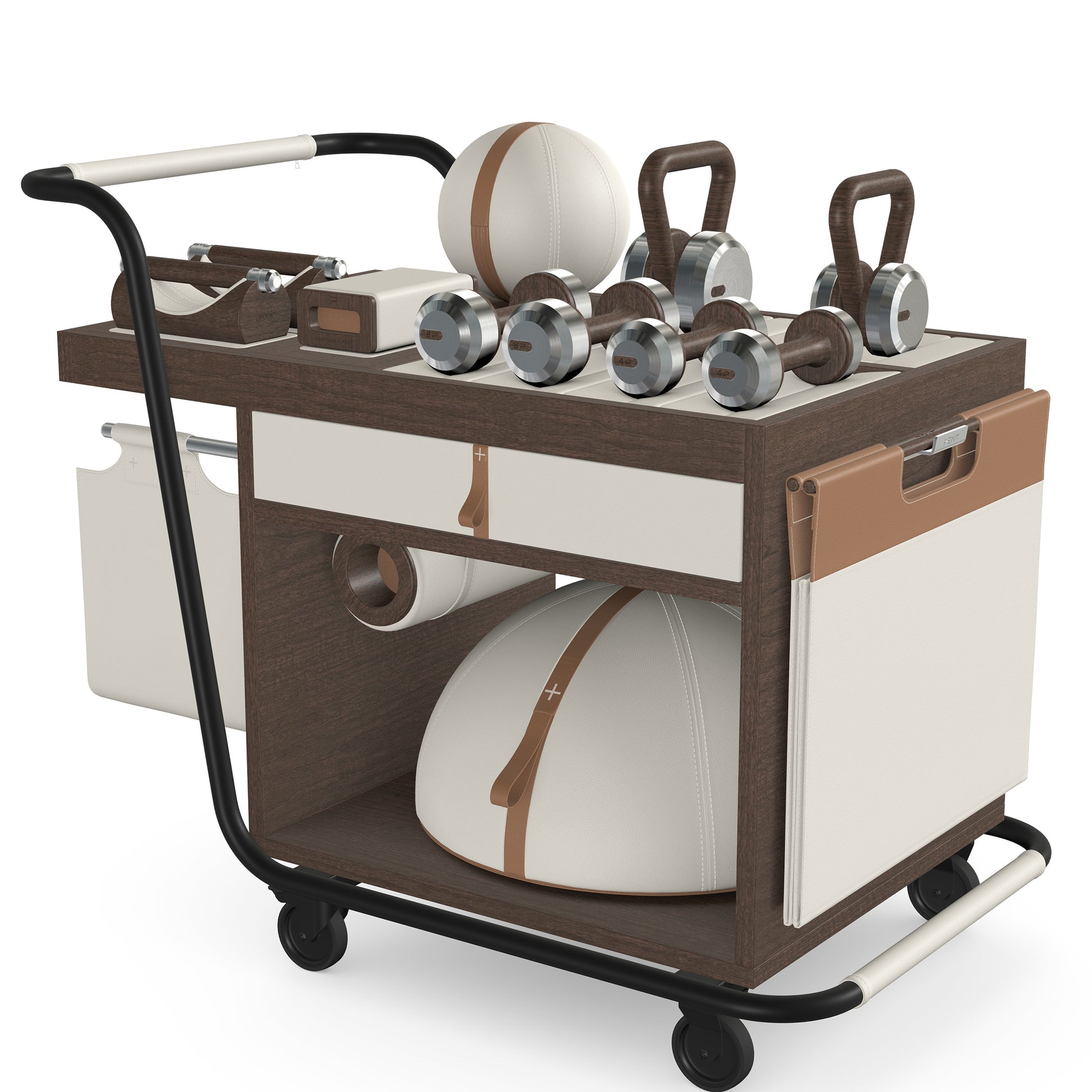 PENT. SOPHIA: dumbbells, kettlebells, balance trainer, medicine ball, skipping rope, exercise mat, push up bars, yoga block and stretching roller. Made with stainless steel, premium Italian white base leather, brown accent leather and dark walnut wood.