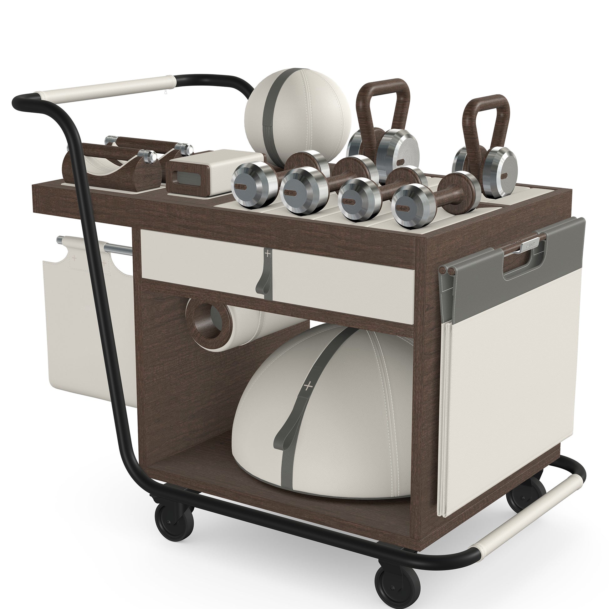 PENT. SOPHIA: dumbbells, kettlebells, balance trainer, medicine ball, skipping rope, exercise mat, push up bars, yoga block and stretching roller. Made with stainless steel, premium Italian white base leather, grey accent leather and dark walnut wood.