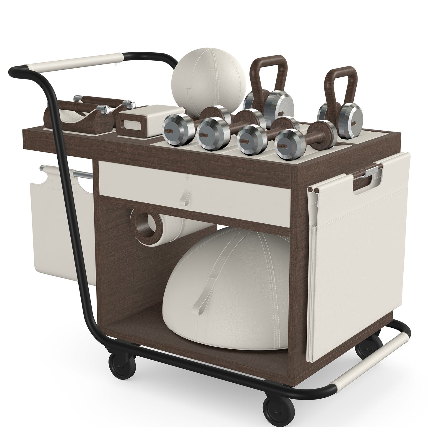 PENT. SOPHIA: dumbbells, kettlebells, balance trainer, medicine ball, skipping rope, exercise mat, push up bars, yoga block and stretching roller. Made with stainless steel, premium Italian white base leather, white accent leather and dark walnut wood.