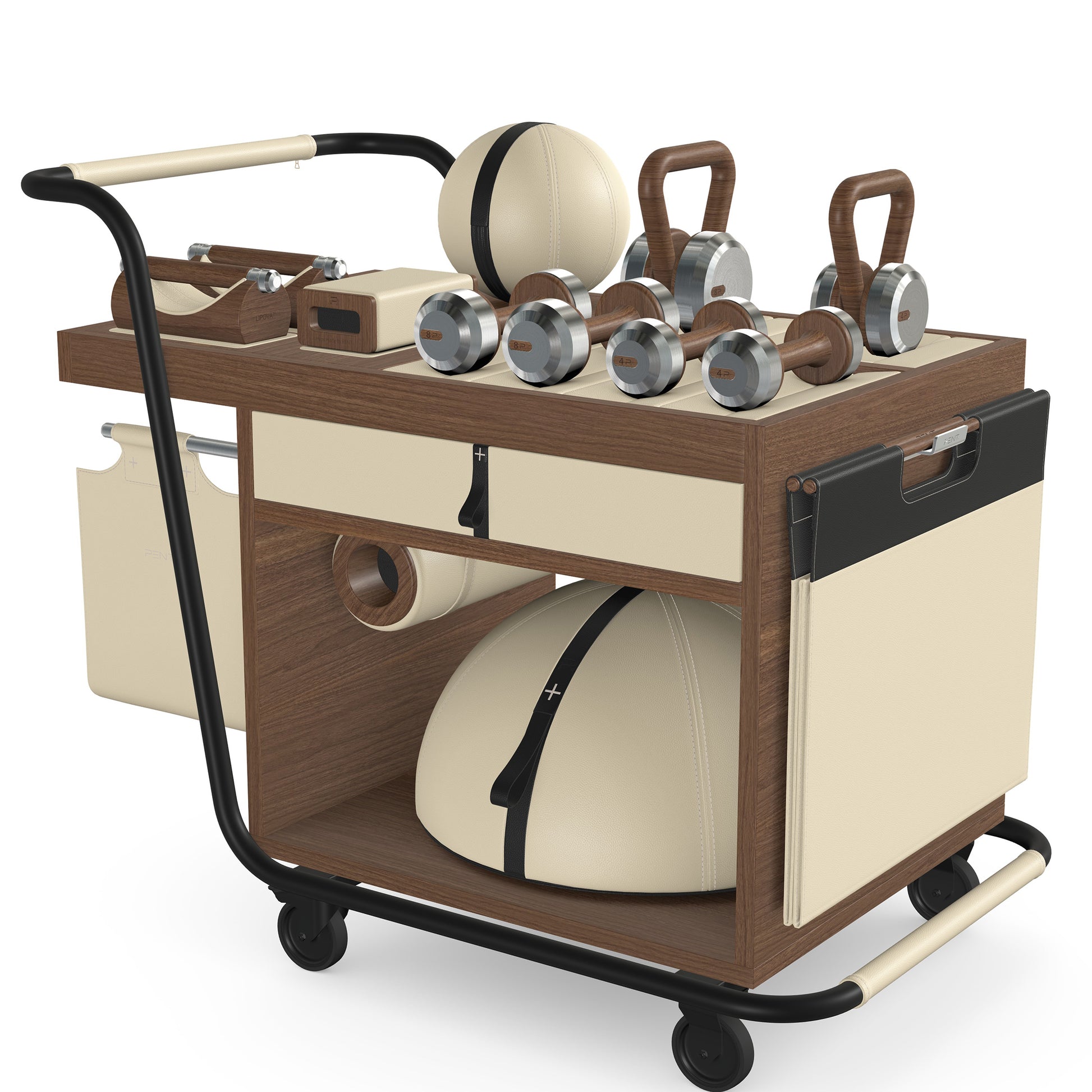 PENT. SOPHIA: dumbbells, kettlebells, balance trainer, medicine ball, skipping rope, exercise mat, push up bars, yoga block and stretching roller. Made with stainless steel, premium Italian beige base leather, black accent leather and natural walnut wood.