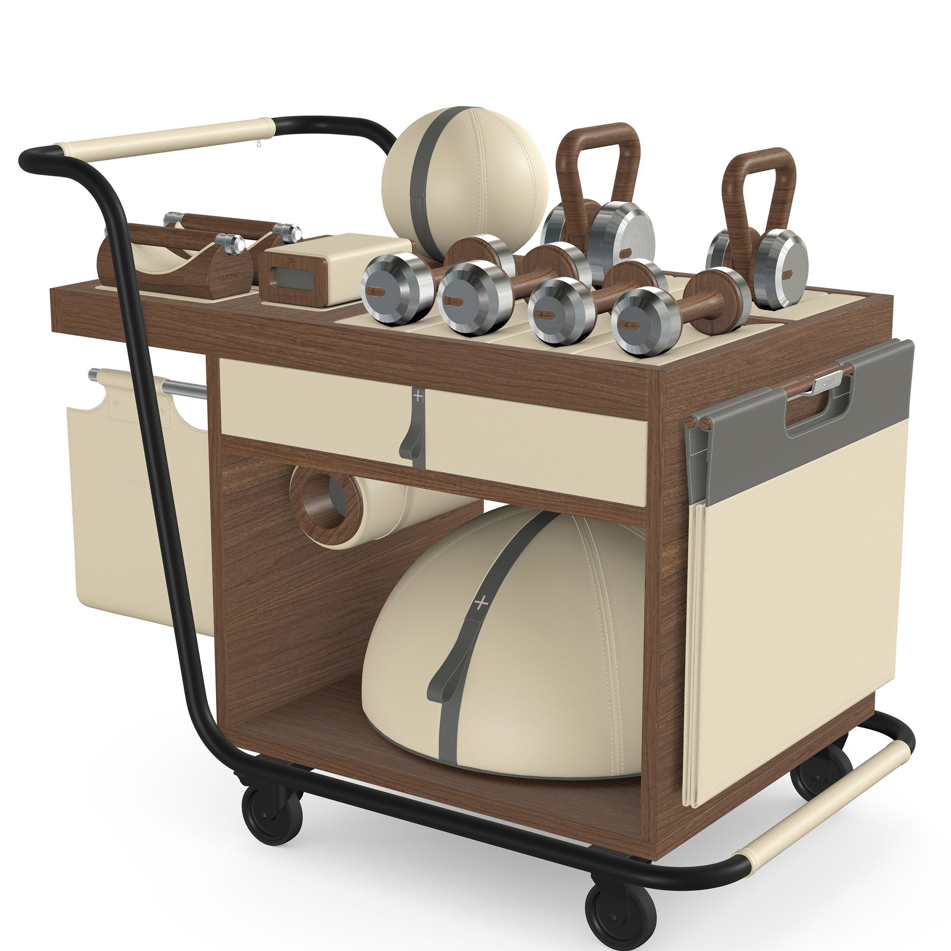 PENT. SOPHIA: dumbbells, kettlebells, balance trainer, medicine ball, skipping rope, exercise mat, push up bars, yoga block and stretching roller. Made with stainless steel, premium Italian beige base leather, brown accent leather and natural walnut wood.