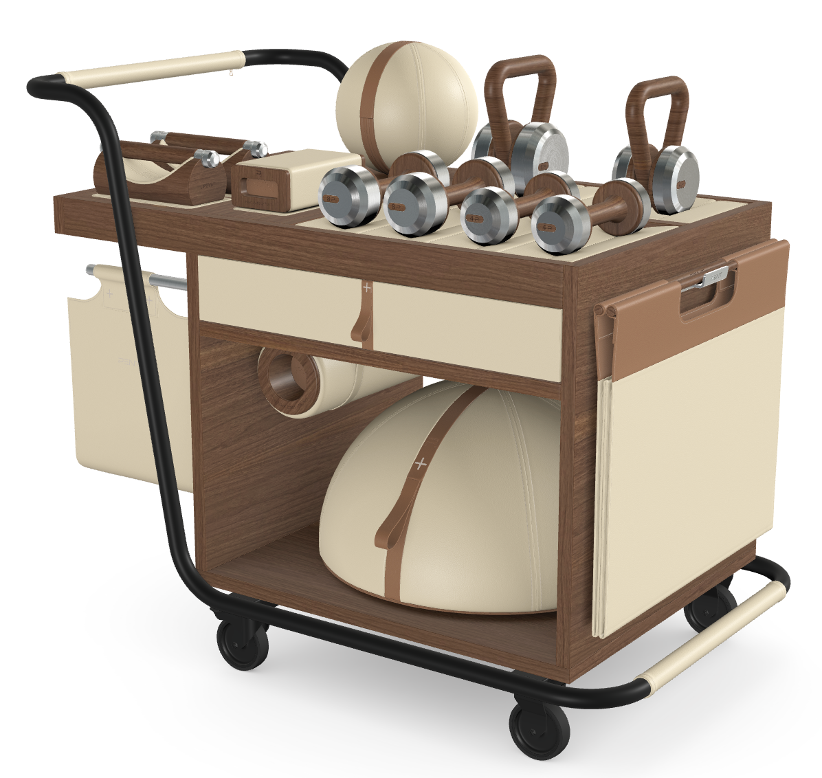 PENT. SOPHIA: dumbbells, kettlebells, balance trainer, medicine ball, skipping rope, exercise mat, push up bars, yoga block and stretching roller. Made with stainless steel, premium Italian beige base leather, brown accent leather and natural walnut wood.