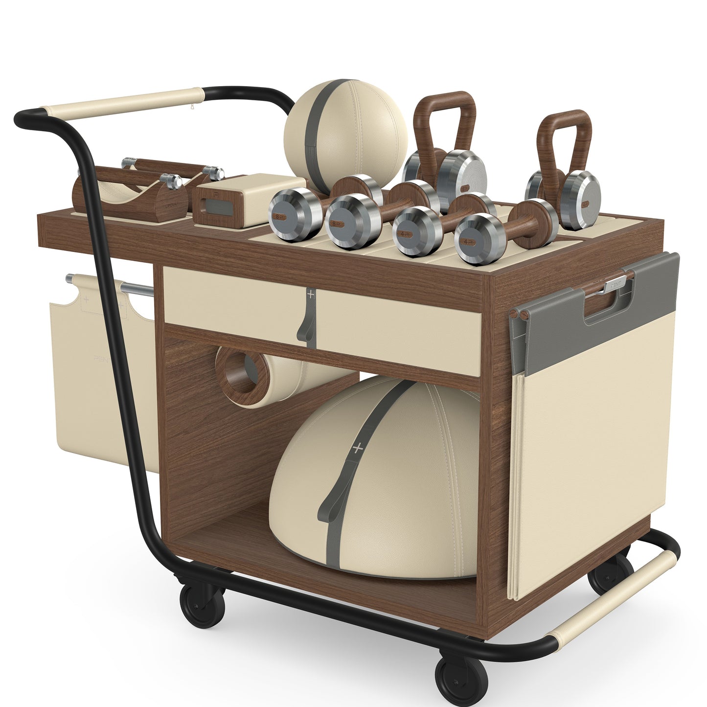 PENT. SOPHIA: dumbbells, kettlebells, balance trainer, medicine ball, skipping rope, exercise mat, push up bars, yoga block and stretching roller. Made with stainless steel, premium Italian beige base leather, grey accent leather and natural walnut wood.