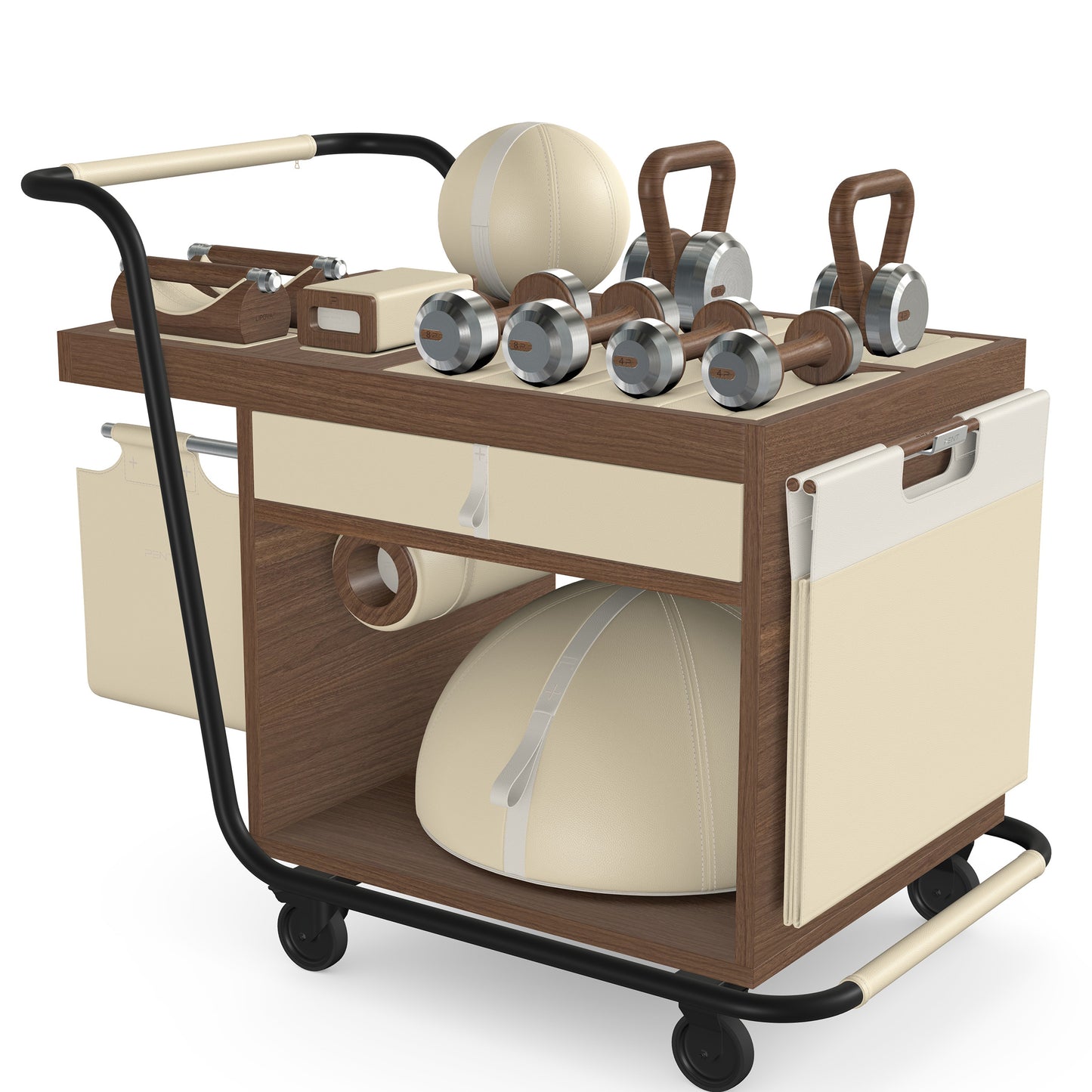 PENT. SOPHIA: dumbbells, kettlebells, balance trainer, medicine ball, skipping rope, exercise mat, push up bars, yoga block and stretching roller. Made with stainless steel, premium Italian beige base leather, white accent leather and natural walnut wood.