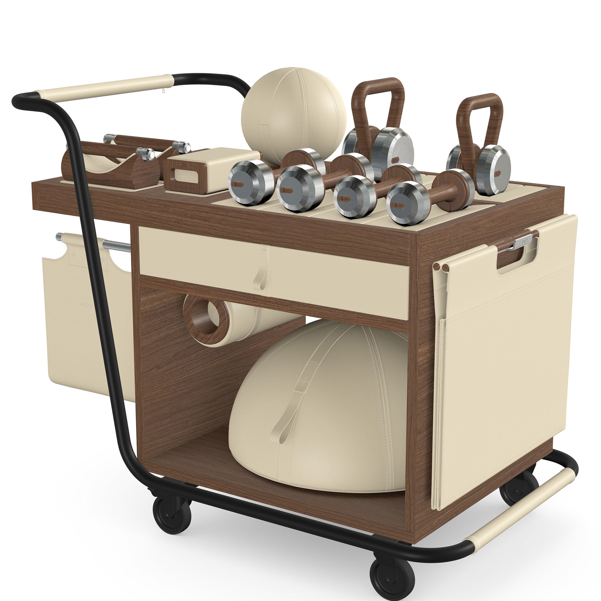 PENT. SOPHIA: dumbbells, kettlebells, balance trainer, medicine ball, skipping rope, exercise mat, push up bars, yoga block and stretching roller. Made with stainless steel, premium Italian beige base leather, beige accent leather and natural walnut wood.