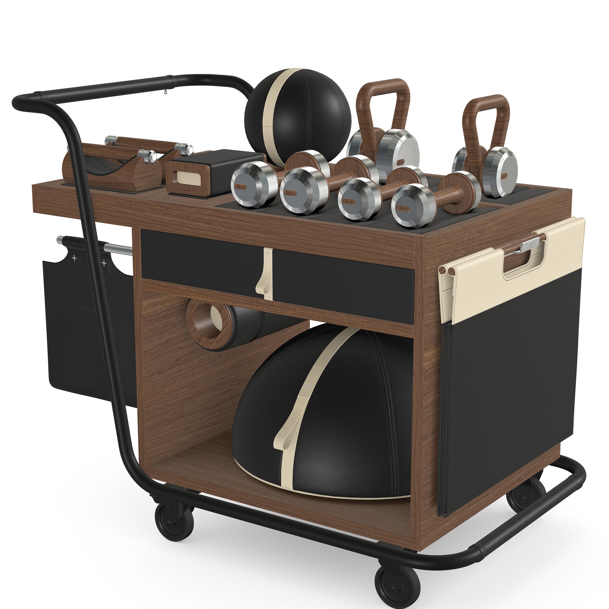 PENT. SOPHIA: dumbbells, kettlebells, balance trainer, medicine ball, skipping rope, exercise mat, push up bars, yoga block and stretching roller. Made with stainless steel, premium Italian black base leather, beige accent leather and natural walnut wood.