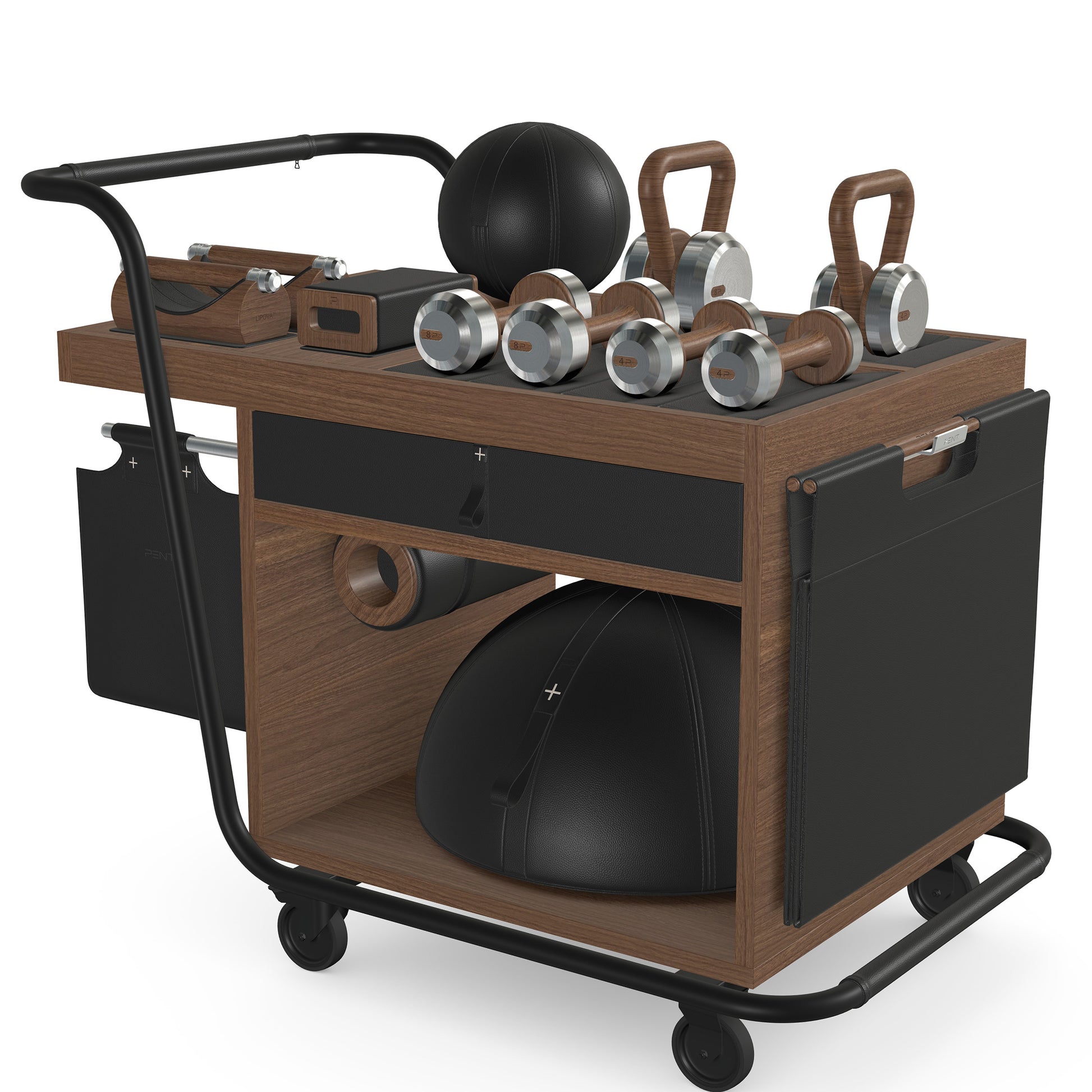 PENT. SOPHIA: dumbbells, kettlebells, balance trainer, medicine ball, skipping rope, exercise mat, push up bars, yoga block and stretching roller. Made with stainless steel, premium Italian black base leather, black accent leather and natural walnut wood.