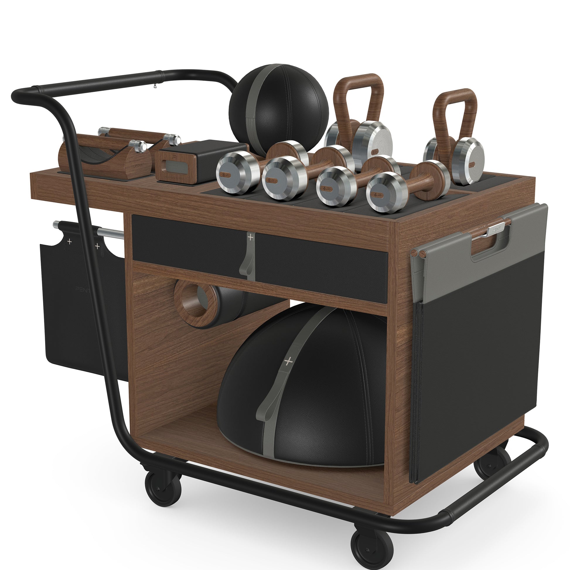 PENT. SOPHIA: dumbbells, kettlebells, balance trainer, medicine ball, skipping rope, exercise mat, push up bars, yoga block and stretching roller. Made with stainless steel, premium Italian black base leather, grey accent leather and natural walnut wood.