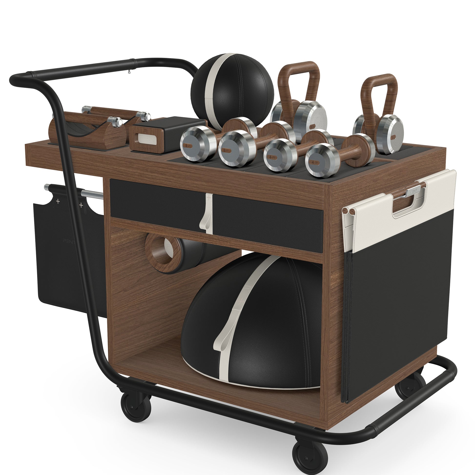 PENT. SOPHIA: dumbbells, kettlebells, balance trainer, medicine ball, skipping rope, exercise mat, push up bars, yoga block and stretching roller. Made with stainless steel, premium Italian black base leather, white accent leather and natural walnut wood.
