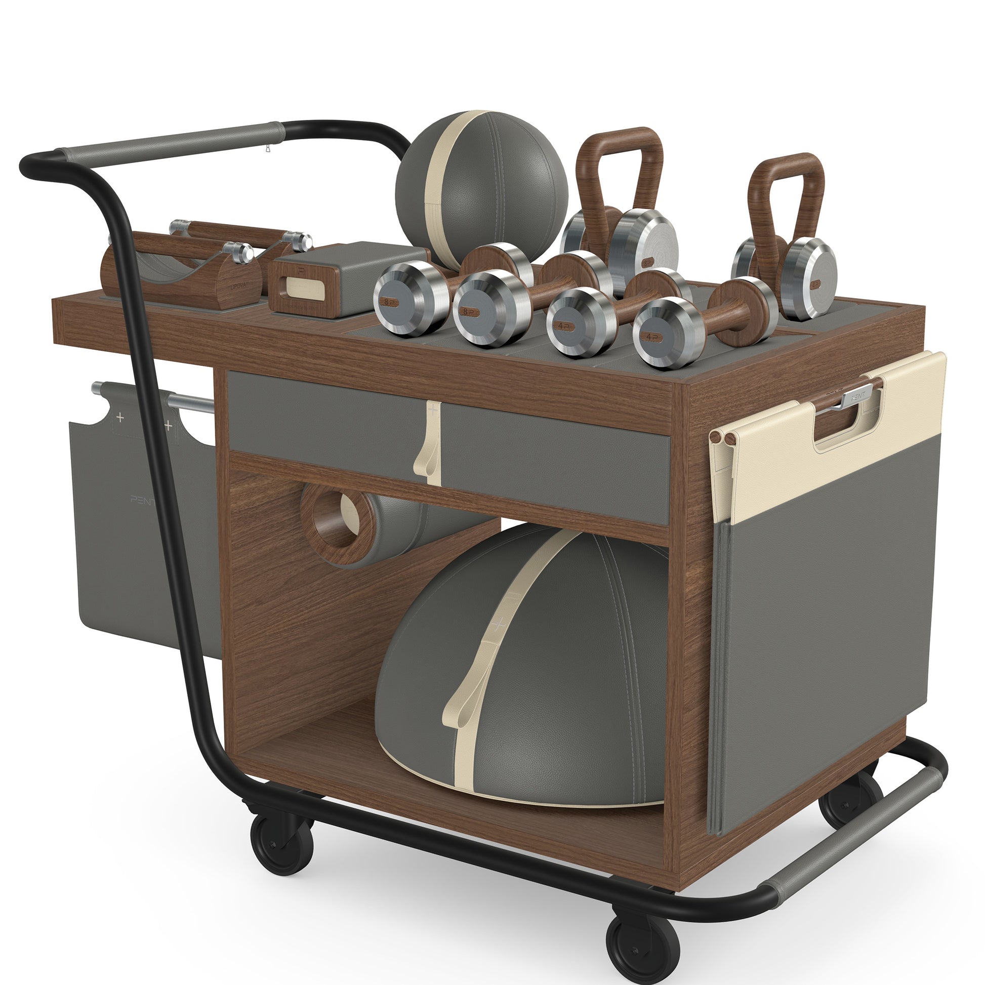 PENT. SOPHIA: dumbbells, kettlebells, balance trainer, medicine ball, skipping rope, exercise mat, push up bars, yoga block and stretching roller. Made with stainless steel, premium Italian grey base leather, beige accent leather and natural walnut wood.