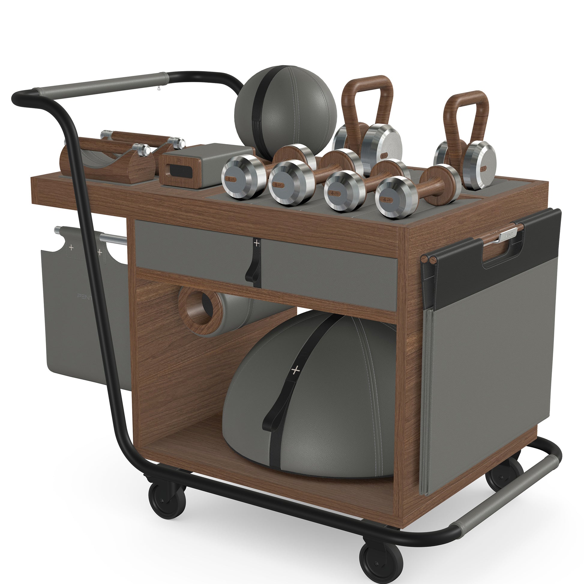 PENT. SOPHIA: dumbbells, kettlebells, balance trainer, medicine ball, skipping rope, exercise mat, push up bars, yoga block and stretching roller. Made with stainless steel, premium Italian grey base leather, black accent leather and natural walnut wood.