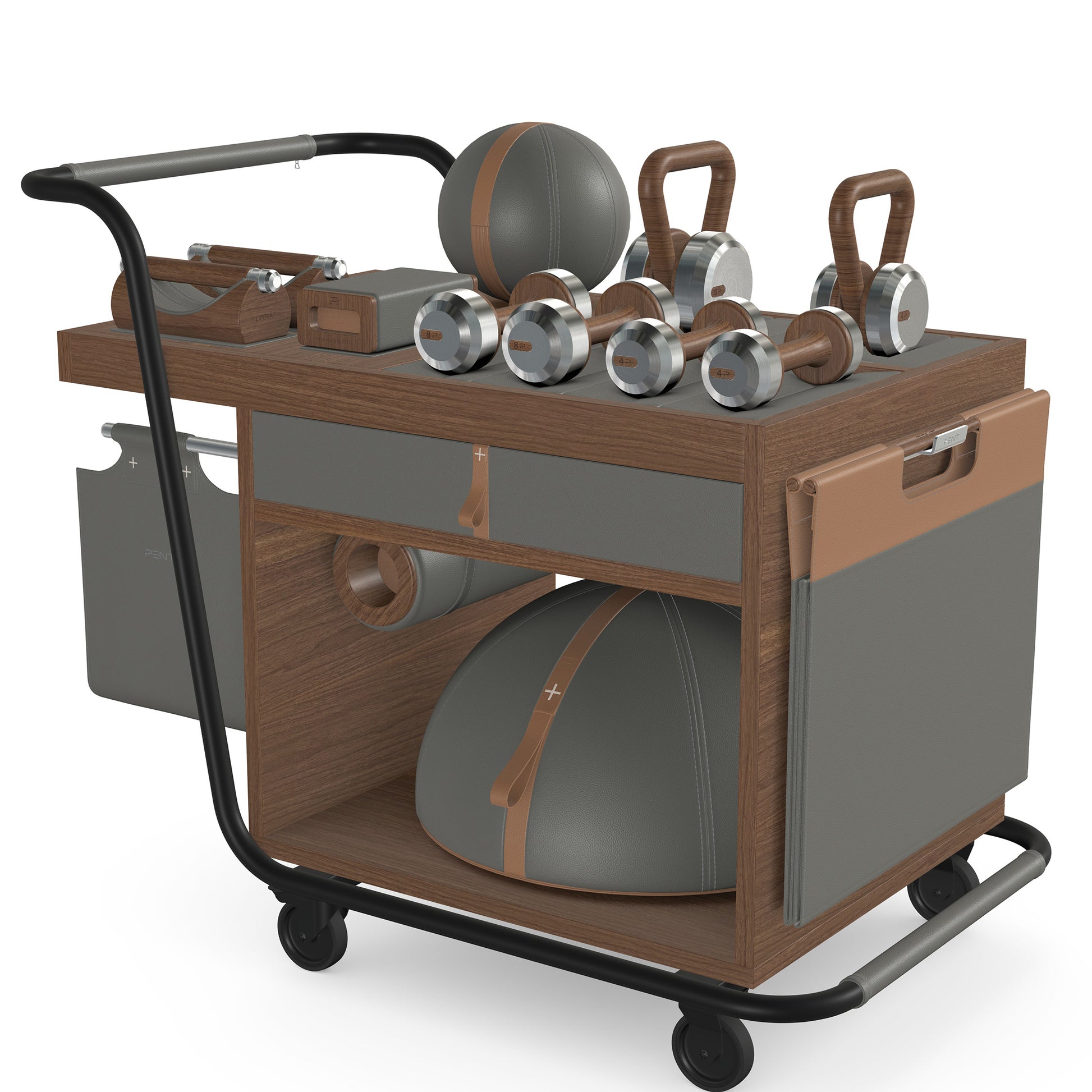 PENT. SOPHIA: dumbbells, kettlebells, balance trainer, medicine ball, skipping rope, exercise mat, push up bars, yoga block and stretching roller. Made with stainless steel, premium Italian grey base leather, brown accent leather and natural walnut wood.