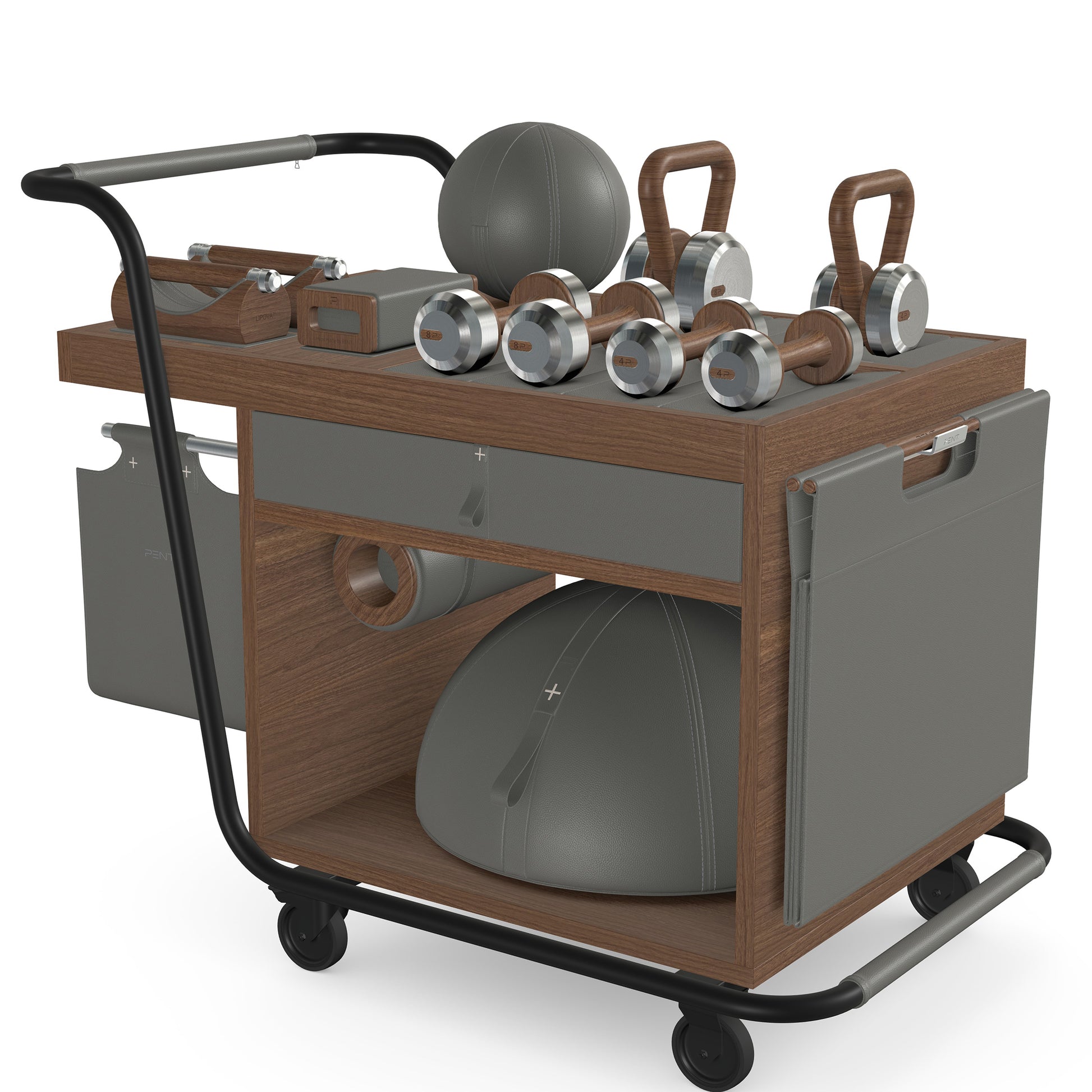 PENT. SOPHIA: dumbbells, kettlebells, balance trainer, medicine ball, skipping rope, exercise mat, push up bars, yoga block and stretching roller. Made with stainless steel, premium Italian grey base leather, grey accent leather and natural walnut wood.