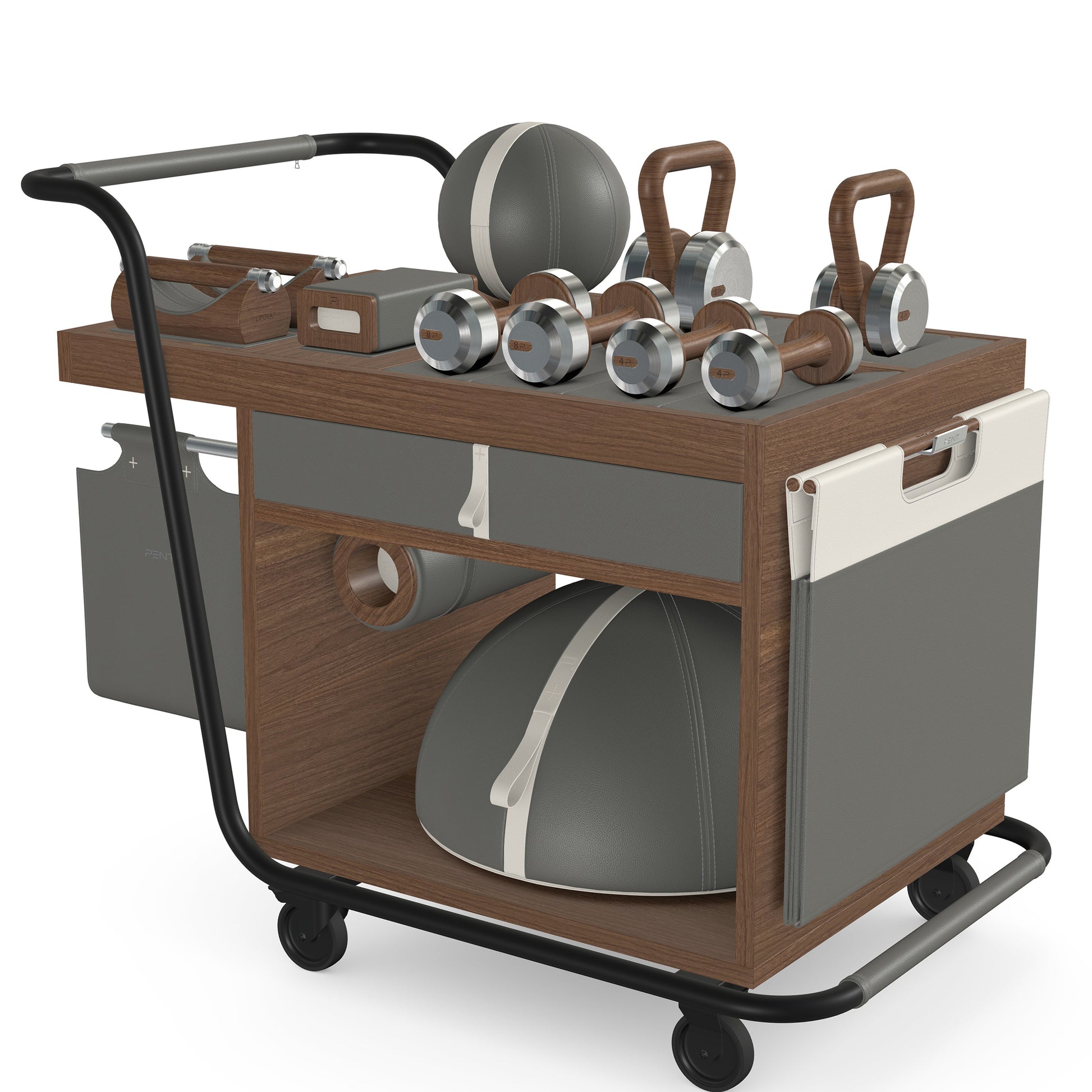 PENT. SOPHIA: dumbbells, kettlebells, balance trainer, medicine ball, skipping rope, exercise mat, push up bars, yoga block and stretching roller. Made with stainless steel, premium Italian grey base leather, white accent leather and natural walnut wood.