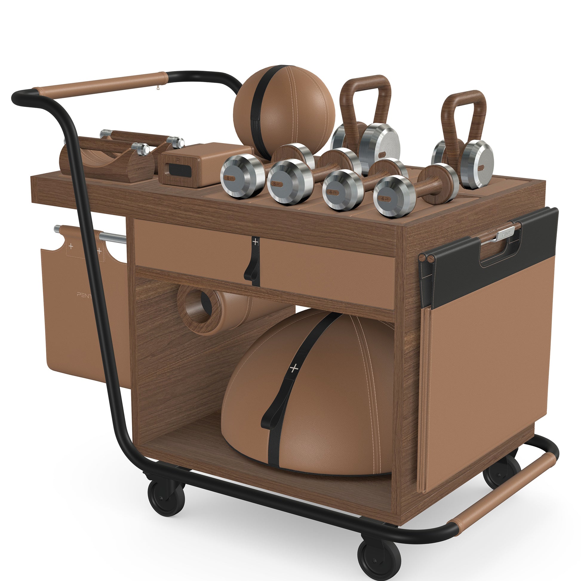 PENT. SOPHIA: dumbbells, kettlebells, balance trainer, medicine ball, skipping rope, exercise mat, push up bars, yoga block and stretching roller. Made with stainless steel, premium Italian brown base leather, black accent leather and natural walnut wood.