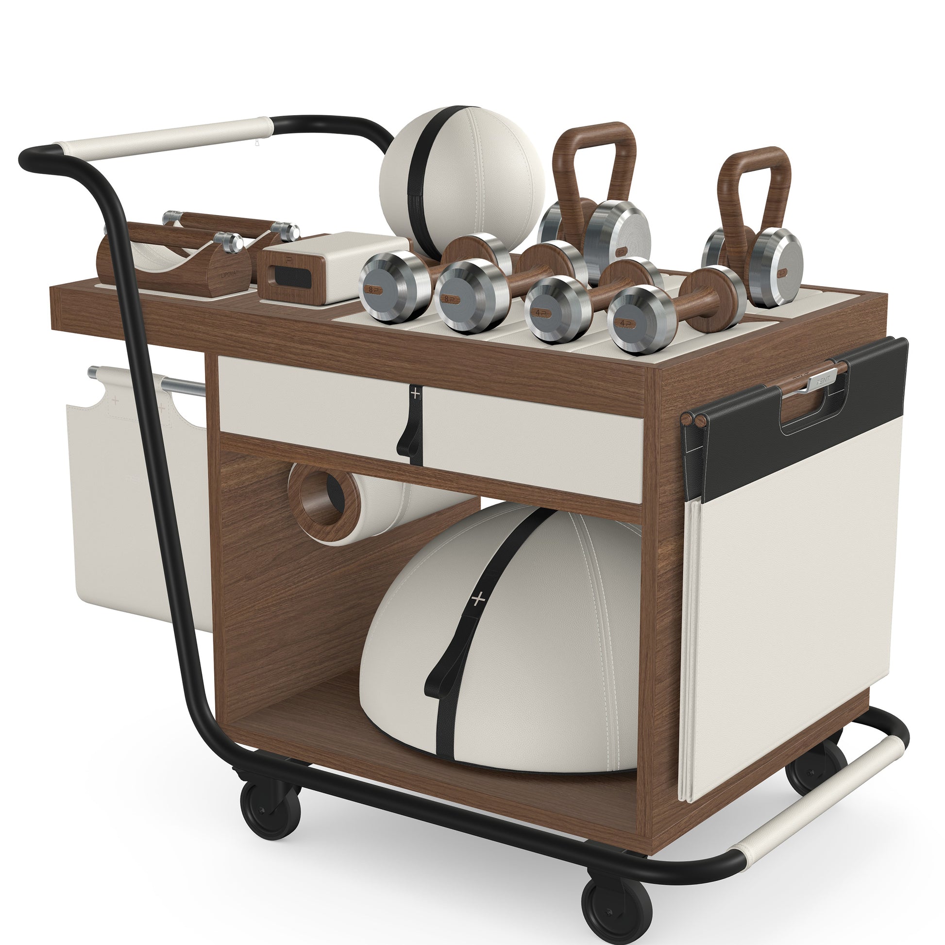 PENT. SOPHIA: dumbbells, kettlebells, balance trainer, medicine ball, skipping rope, exercise mat, push up bars, yoga block and stretching roller. Made with stainless steel, premium Italian white base leather, black accent leather and natural walnut wood.