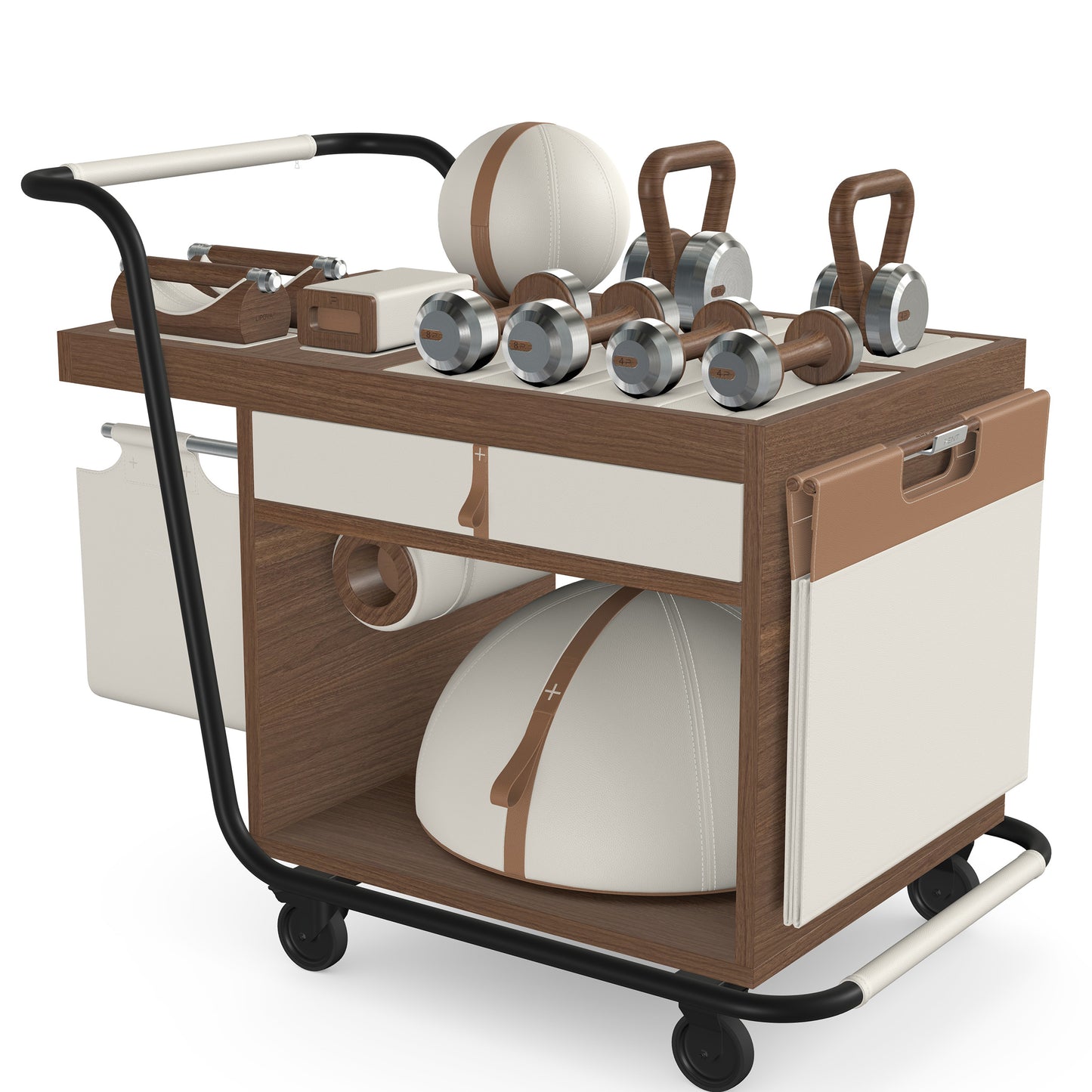 PENT. SOPHIA: dumbbells, kettlebells, balance trainer, medicine ball, skipping rope, exercise mat, push up bars, yoga block and stretching roller. Made with stainless steel, premium Italian white base leather, brown accent leather and natural walnut wood.