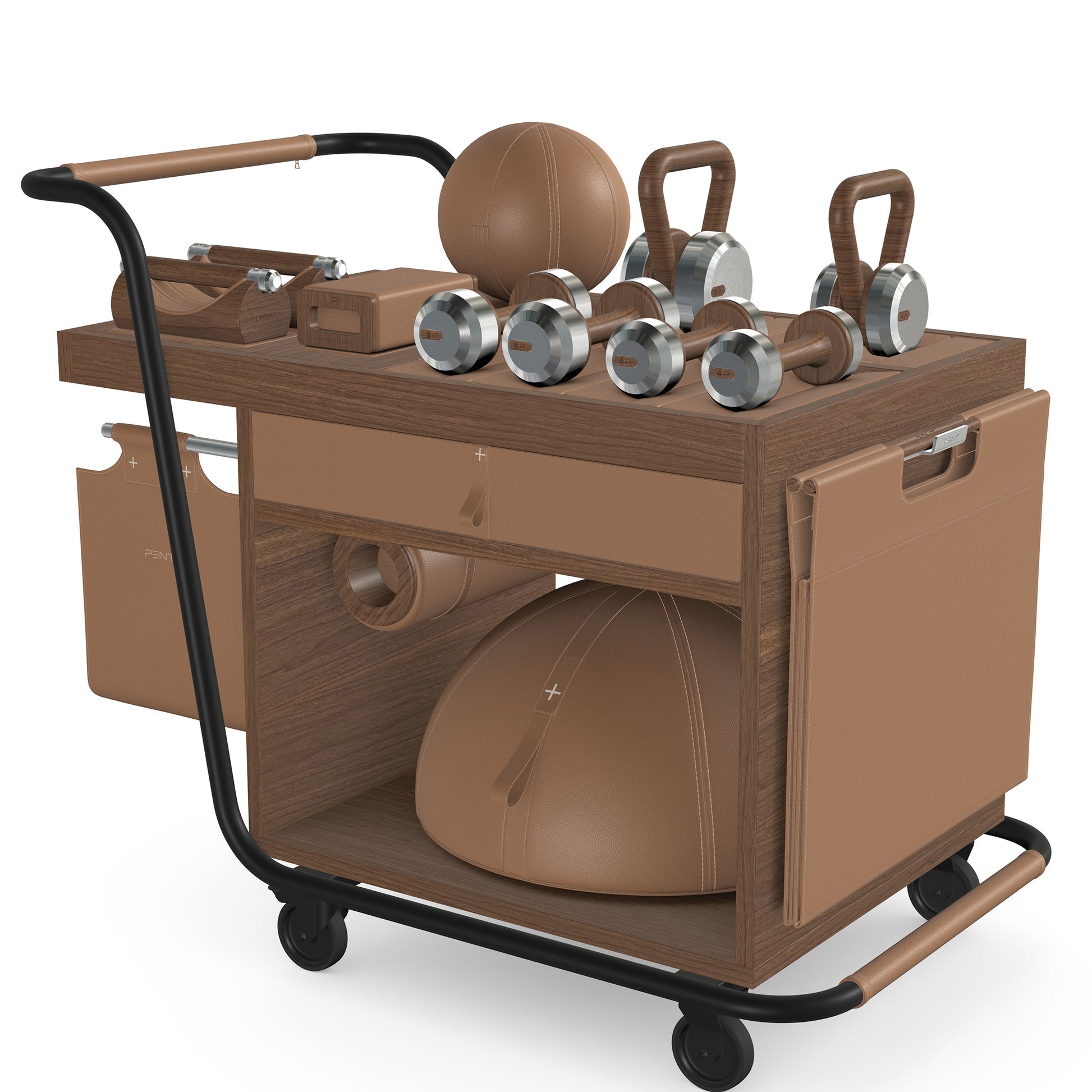 PENT. SOPHIA: dumbbells, kettlebells, balance trainer, medicine ball, skipping rope, exercise mat, push up bars, yoga block and stretching roller. Made with stainless steel, premium Italian brown base leather, brown accent leather and natural walnut wood.