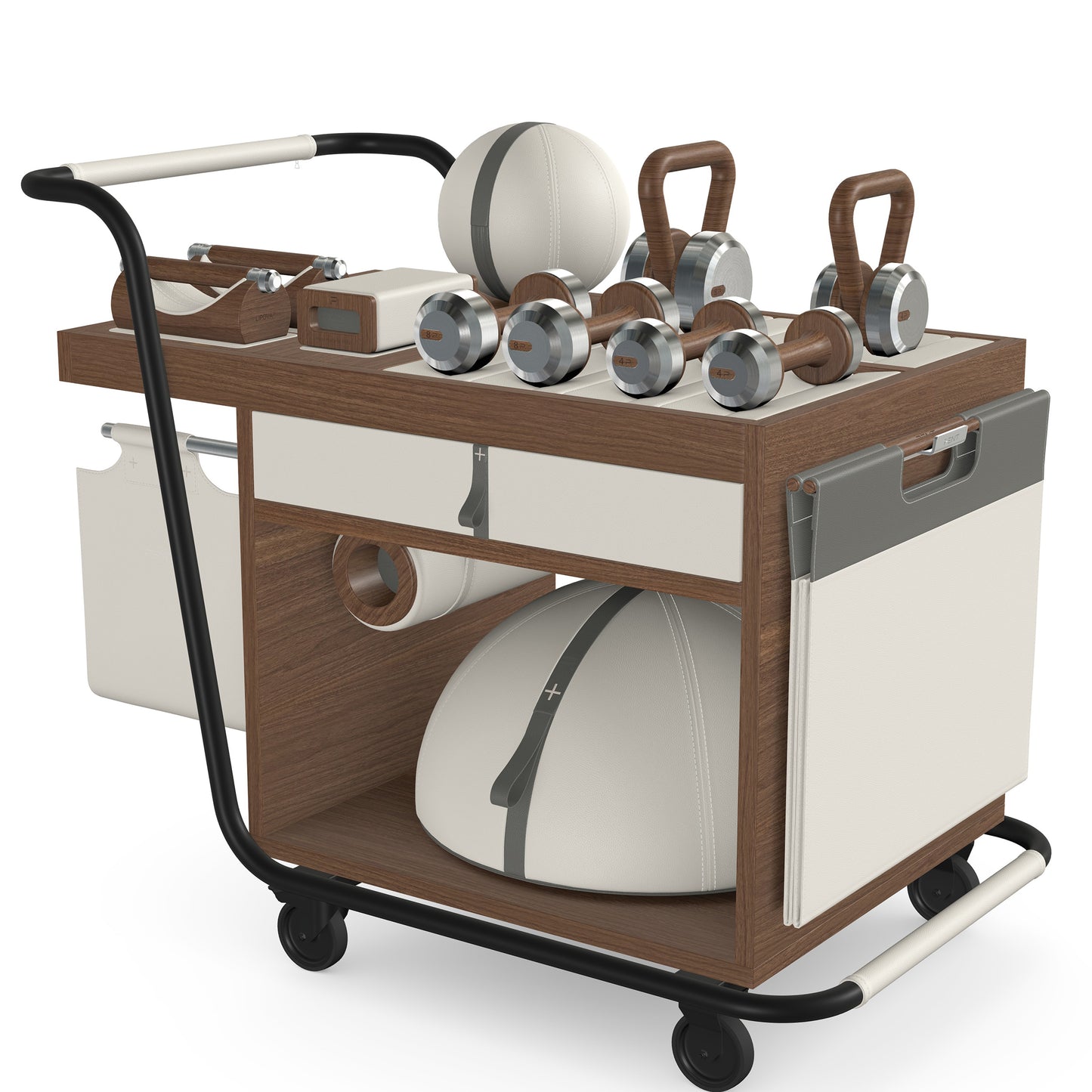 PENT. SOPHIA: dumbbells, kettlebells, balance trainer, medicine ball, skipping rope, exercise mat, push up bars, yoga block and stretching roller. Made with stainless steel, premium Italian white base leather, grey accent leather and natural walnut wood.