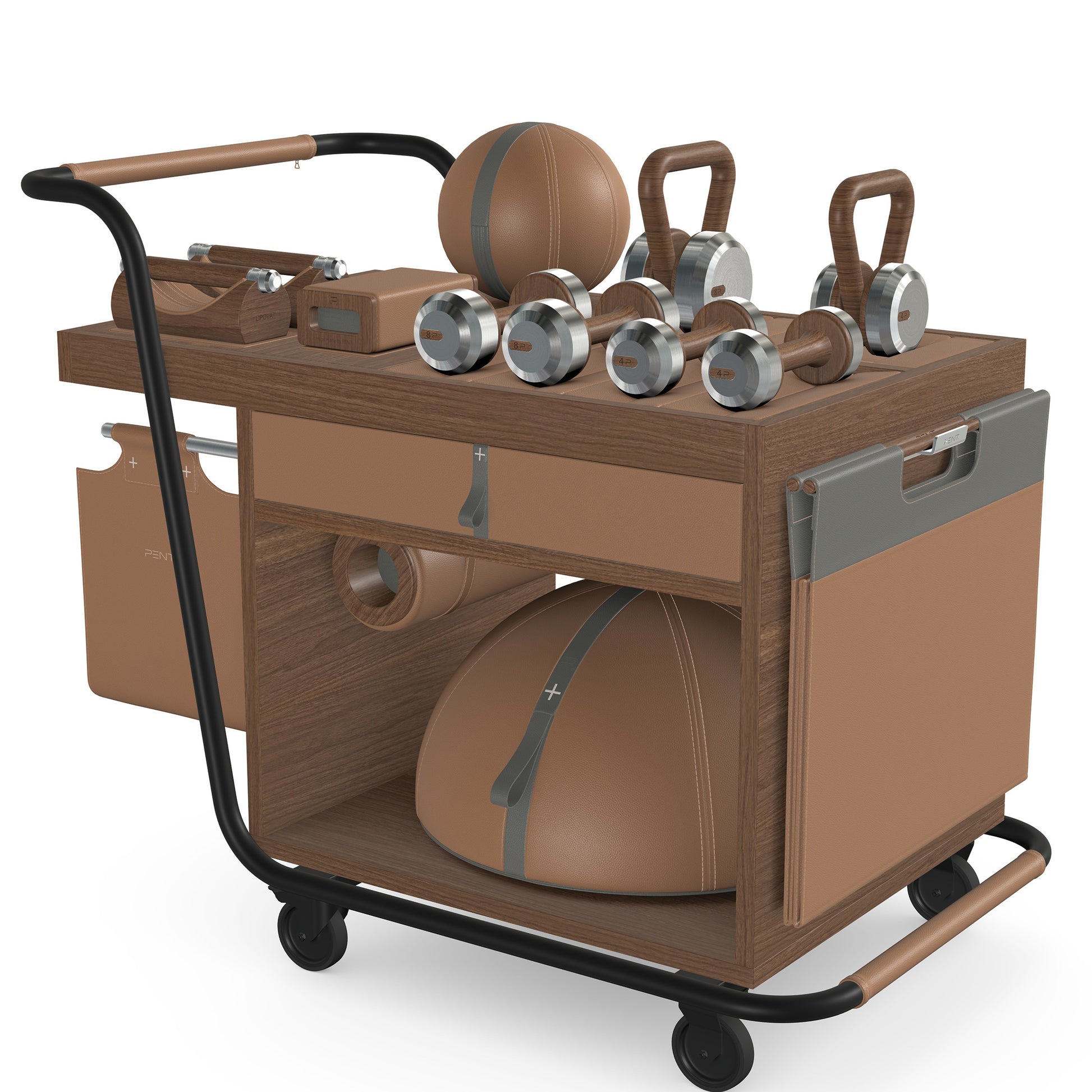 PENT. SOPHIA: dumbbells, kettlebells, balance trainer, medicine ball, skipping rope, exercise mat, push up bars, yoga block and stretching roller. Made with stainless steel, premium Italian brown base leather, grey accent leather and natural walnut wood.