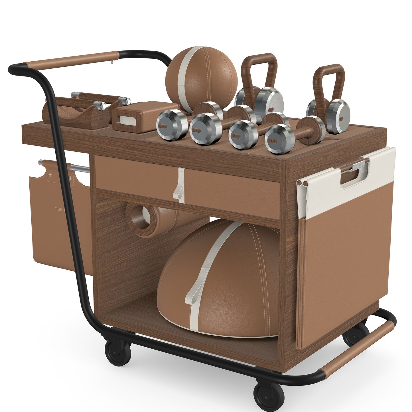 PENT. SOPHIA: dumbbells, kettlebells, balance trainer, medicine ball, skipping rope, exercise mat, push up bars, yoga block and stretching roller. Made with stainless steel, premium Italian brown base leather, white accent leather and natural walnut wood.