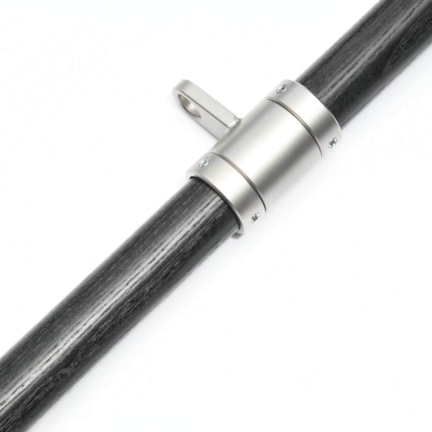 A metallic connecting black ash wood bar with a center clasp, featuring a sleek, cylindrical design, used for workout exercises. Stil-Fit Functional Trainer Accessories - Bicep & Tricep Bar
