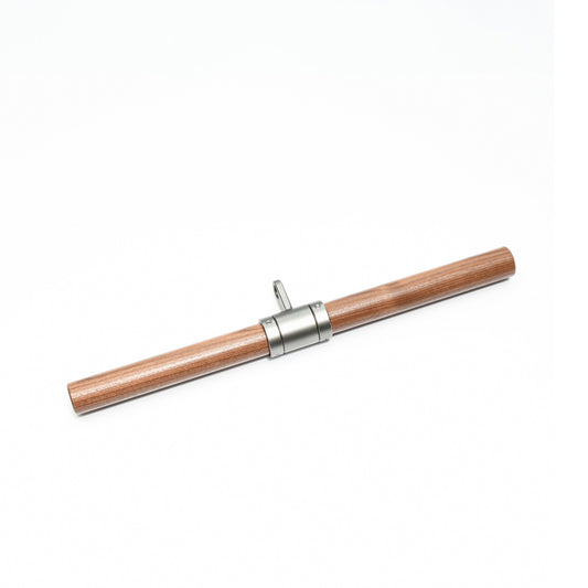 Further view of a metallic connecting natural walnut wood bar with a center clasp, featuring a sleek, cylindrical design, used for workout exercises. Stil-Fit Functional Trainer Accessories - Bicep & Tricep Bar