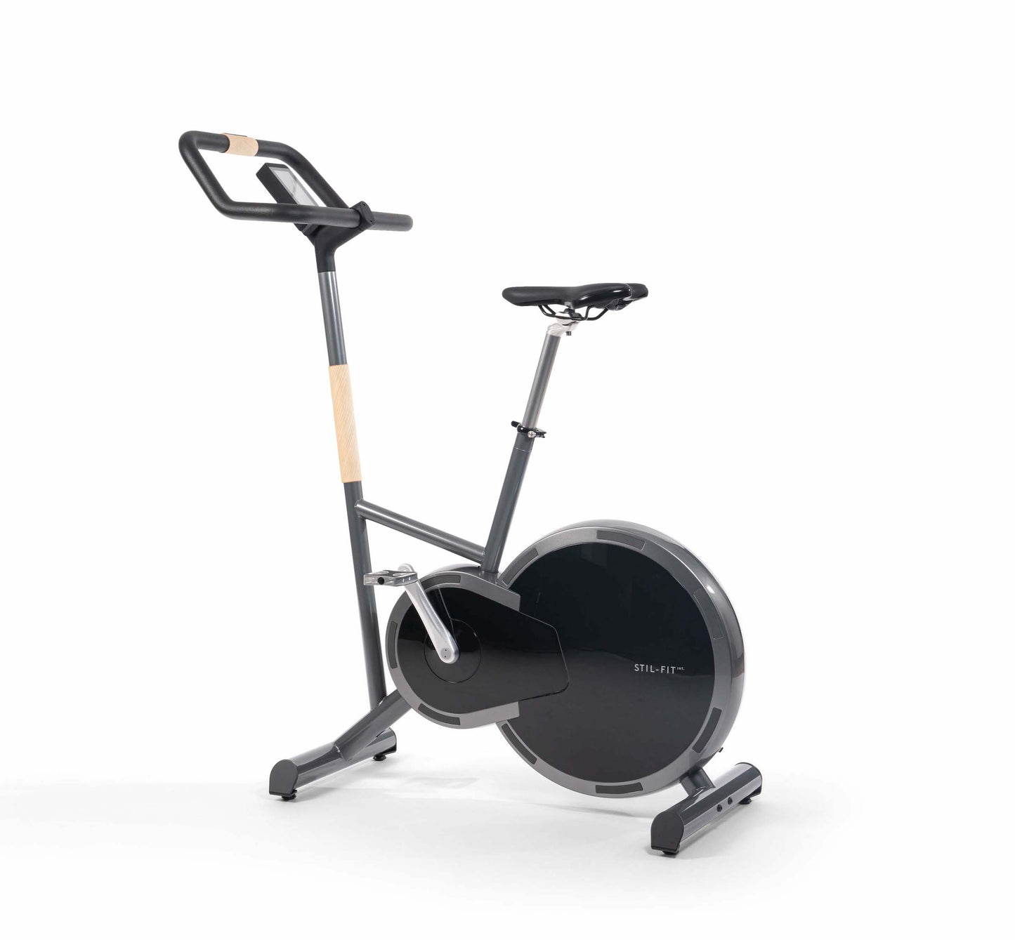 A stylish modern exercise bike with a sleek design in black colour, ash wood panel, featuring three adjustable grip positions and a multifunctional console. Stil-Fit Ergometer Pure - Stationary Bike