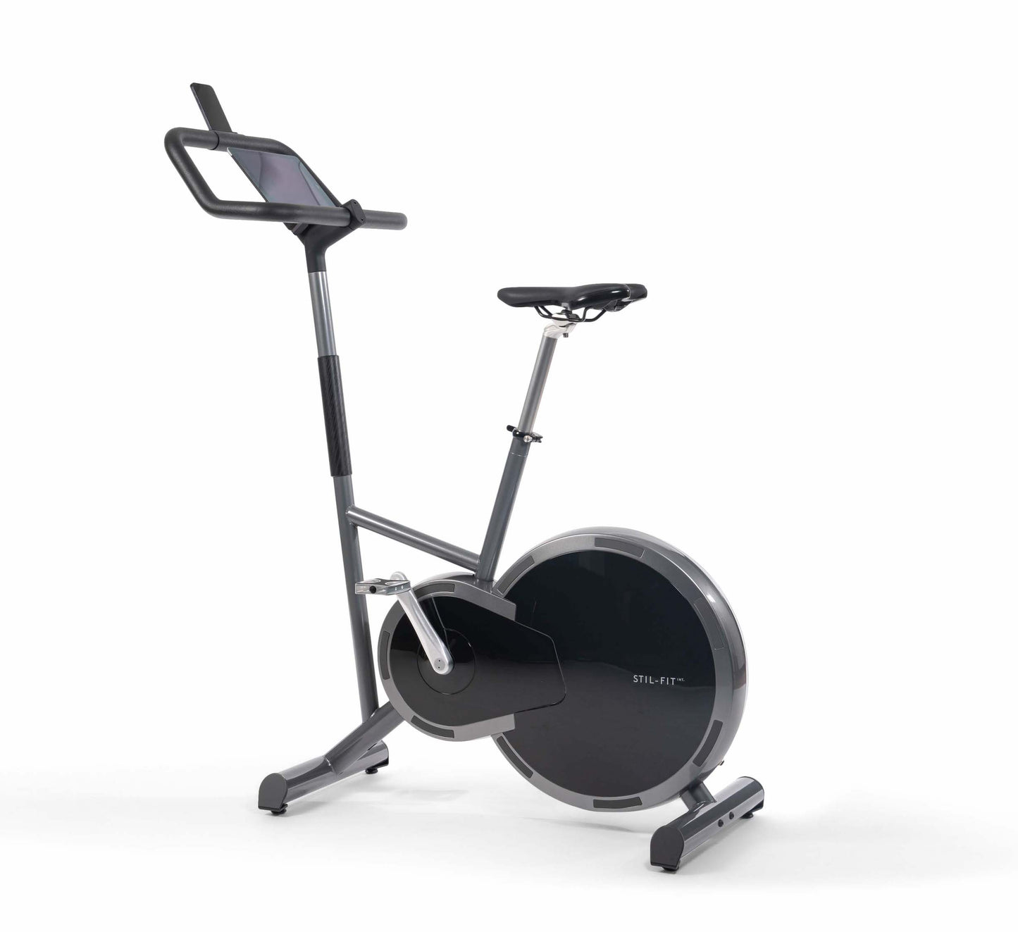 A stylish modern exercise bike with a sleek design in black colour, black wood panel, featuring three adjustable grip positions and a multifunctional console. Stil-Fit Ergometer Pure - Stationary Bike