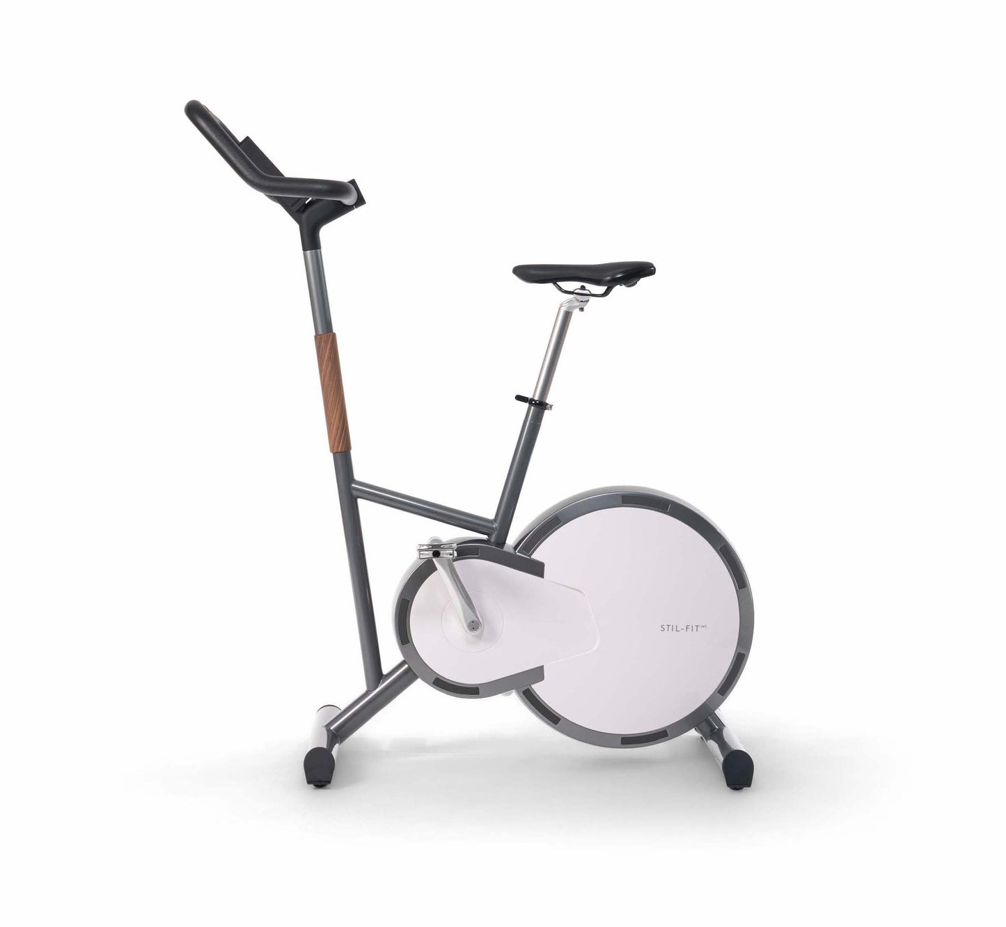 A stylish modern exercise bike with a sleek design, walnut wood panel, featuring three adjustable grip positions and a multifunctional console. Stil-Fit Ergometer Pure - Stationary Bike