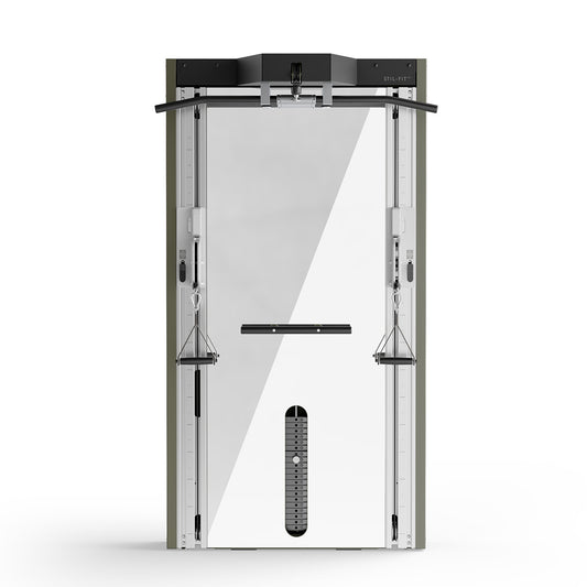 A modern fitness cable machine in essence colour with adjustable pulleys and a built in lat pull system, ideal for strength training and muscle workouts. Stil-Fit Functional Trainer - Pro Line - Dual Pulley Cable Machine