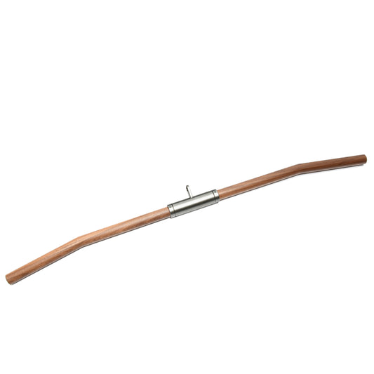 Natural walnut wood exercise bar with angled ends and a central metallic connector for attaching weights, designed for strength training. Stil-Fit Functional Trainer Accessories - Lat Bar
