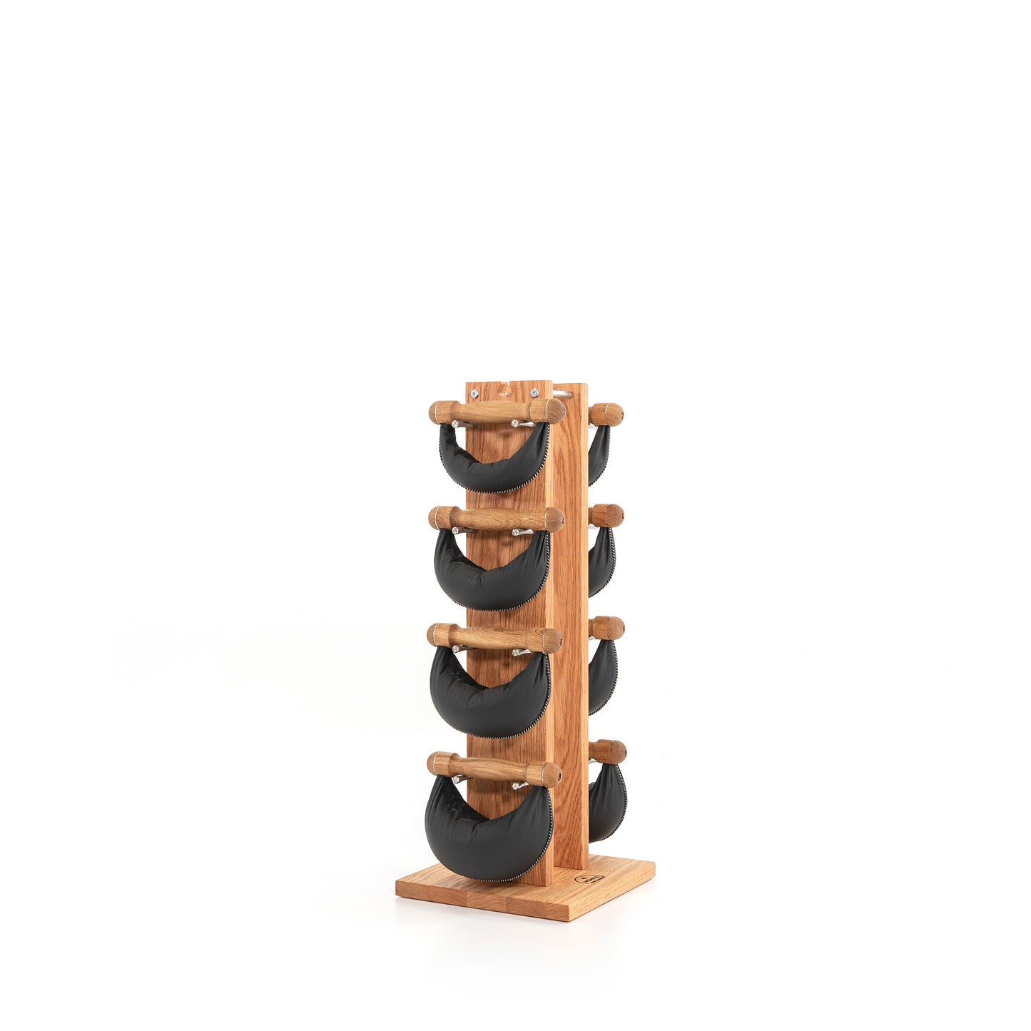 Six black leather swingbell are neatly arranged on a natural oak wooden rack, highlighting craftsmanship and simplicity in design. NOHRD Swing Tower - Leather Dumbbell Set
