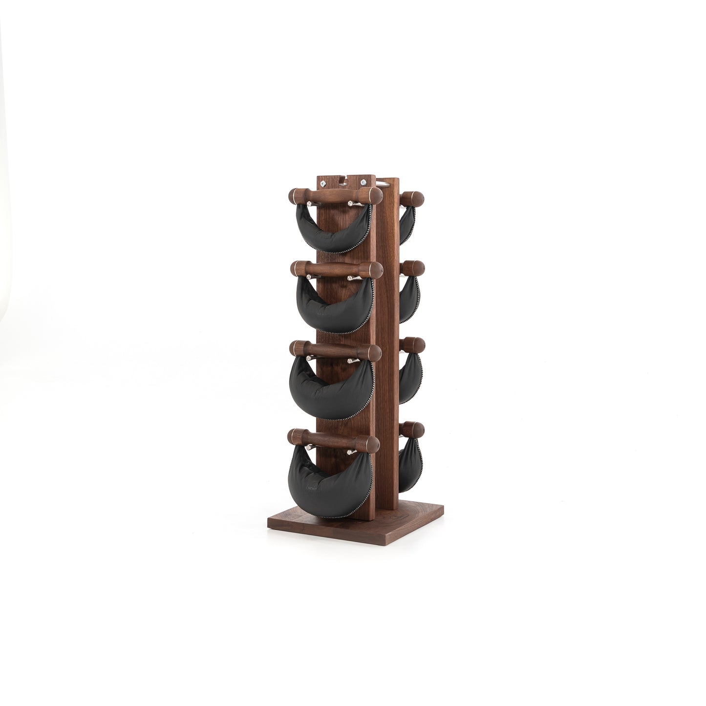Six swingbell with black leather are neatly arranged on walnut wooden rack, highlighting craftsmanship and simplicity in design. NOHRD Swing Tower - Leather Dumbbell Set