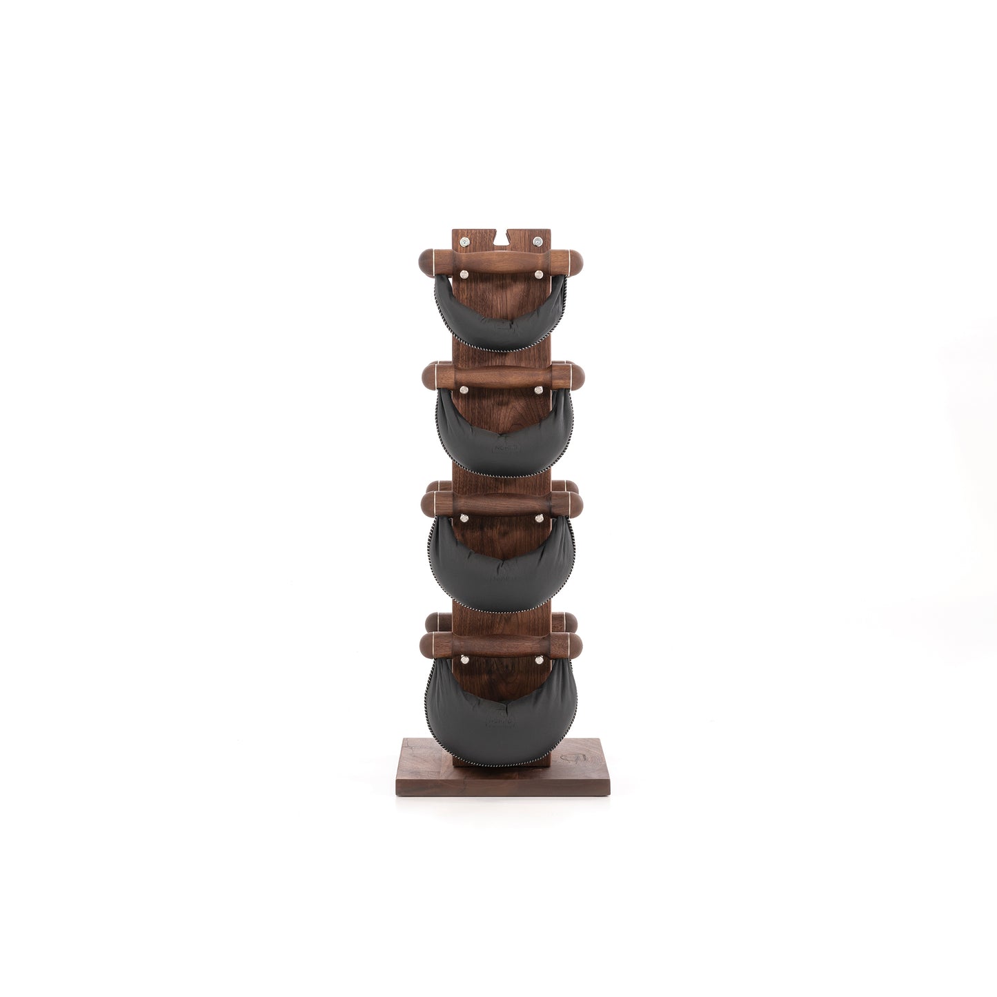 Six black leather swingbell are neatly arranged on a natural walnut wooden rack, highlighting craftsmanship and simplicity in design. NOHRD Swing Tower - Leather Dumbbell Set
